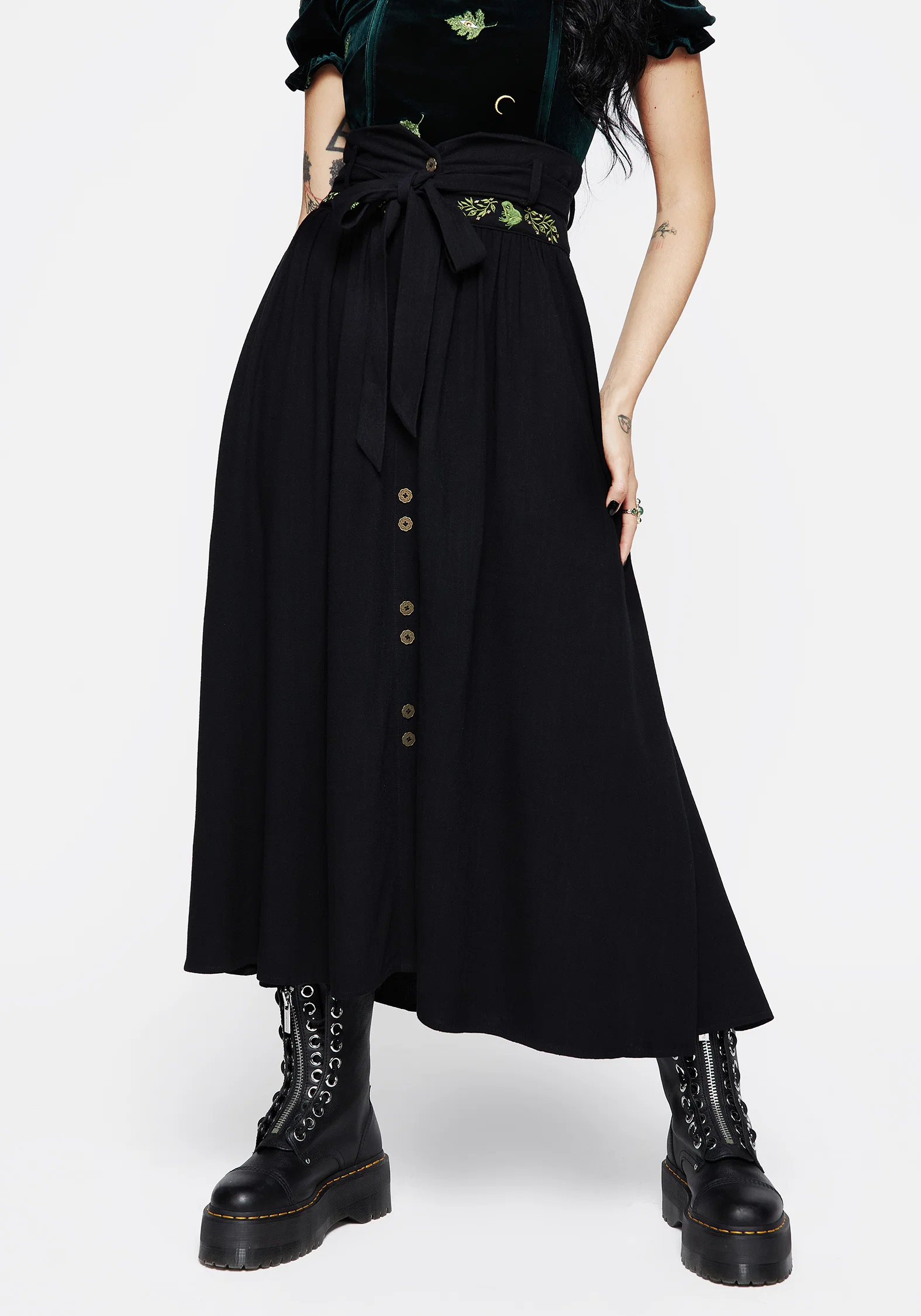 Swamplife Frog Embroidered Linen Blend High Waist Midaxi Skirt - Image 5