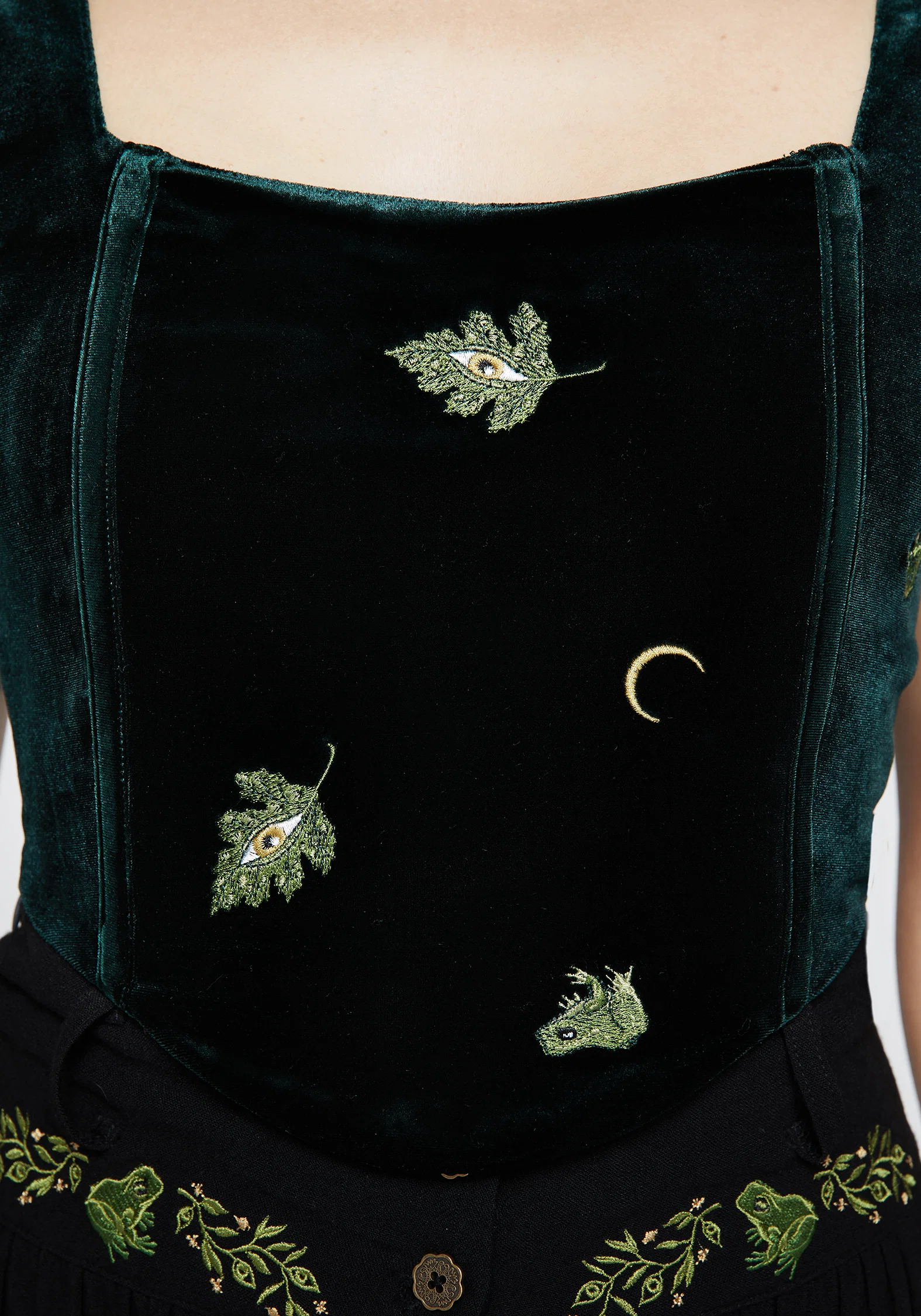 Swamplife Frog Embroidered Velour Puff Sleeve Corset Top - Image 2