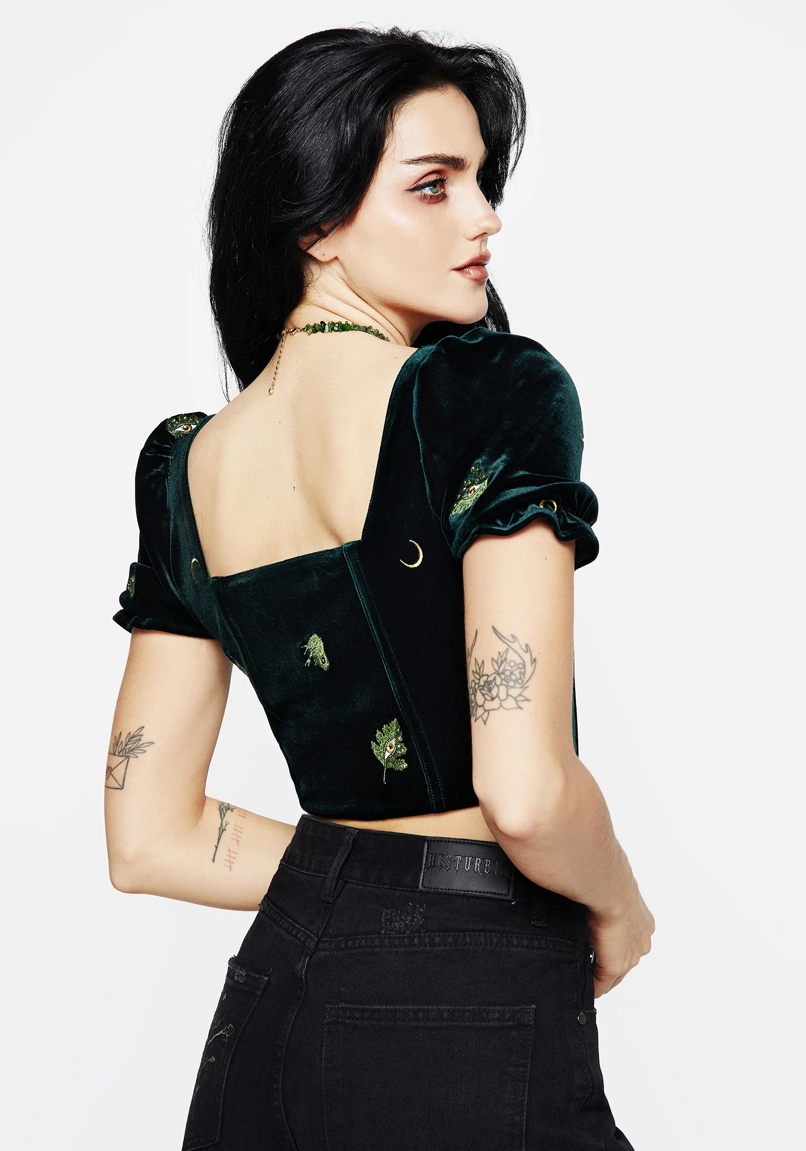 Swamplife Frog Embroidered Velour Puff Sleeve Corset Top - Image 3