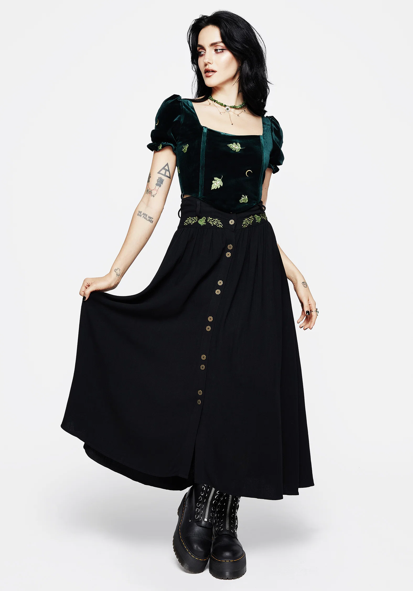 Swamplife Frog Embroidered Velour Puff Sleeve Corset Top - Image 4
