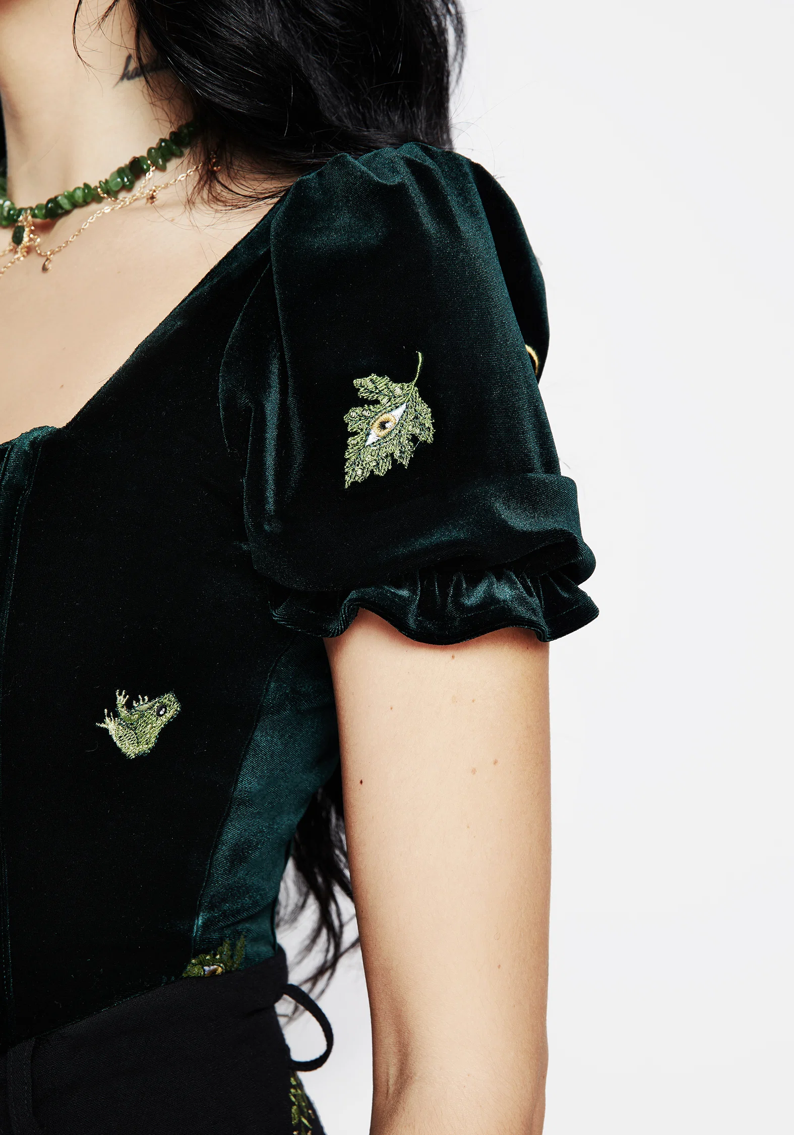 Swamplife Frog Embroidered Velour Puff Sleeve Corset Top - Image 5