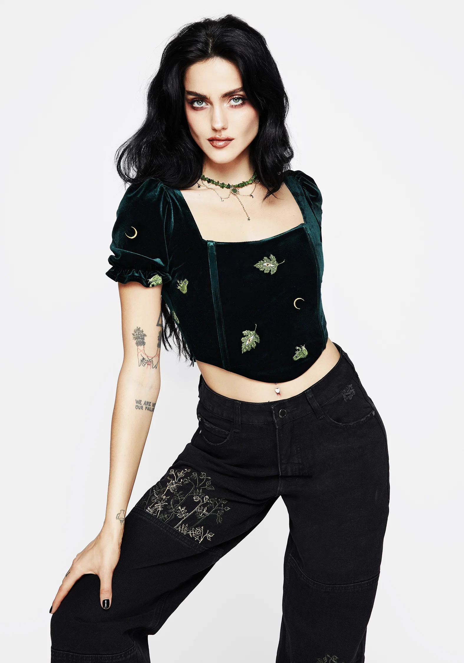 Swamplife Frog Embroidered Velour Puff Sleeve Corset Top - Image 6