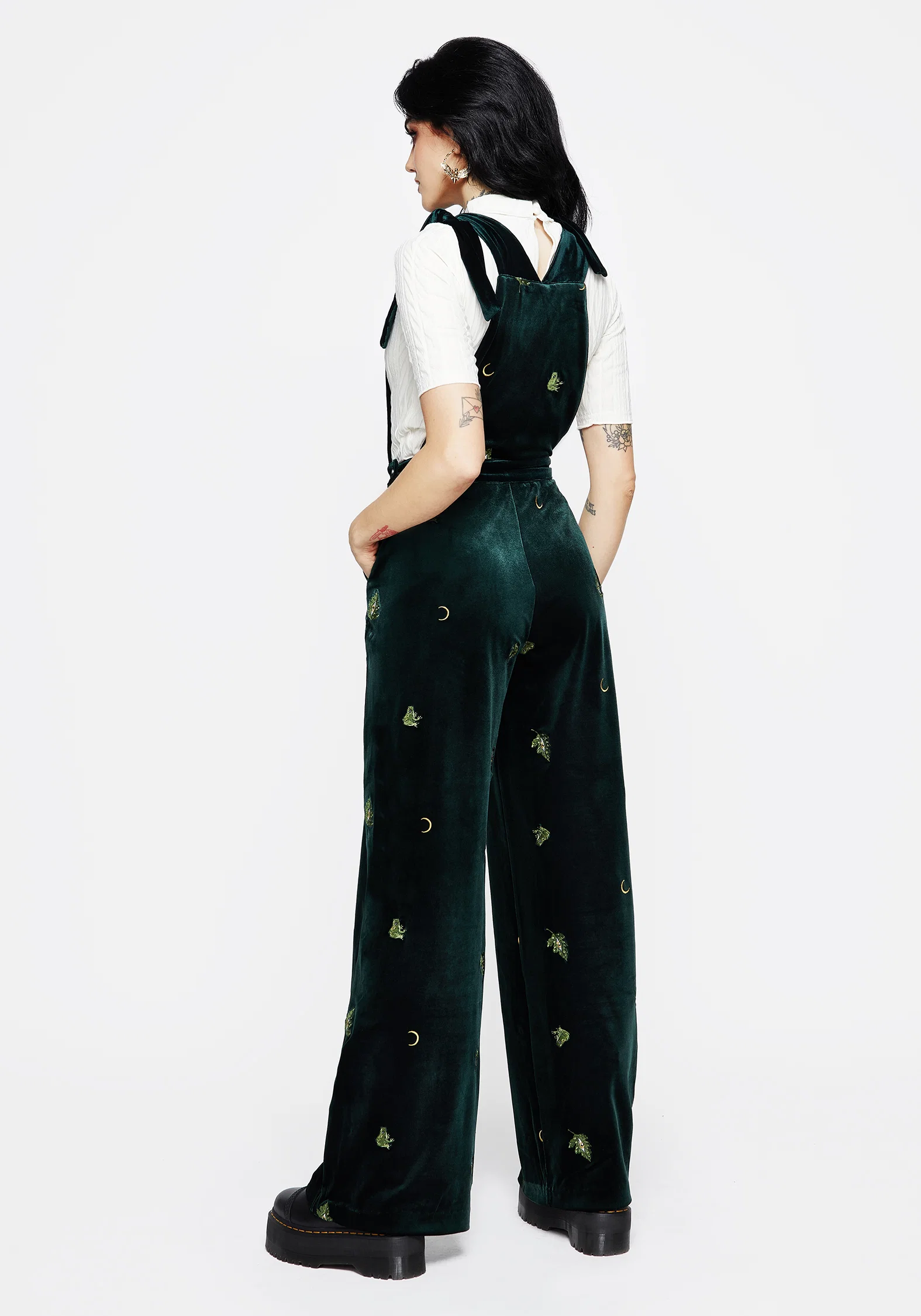 Swamplife Frog Embroidered Velour Wide Leg Dungarees - Image 3