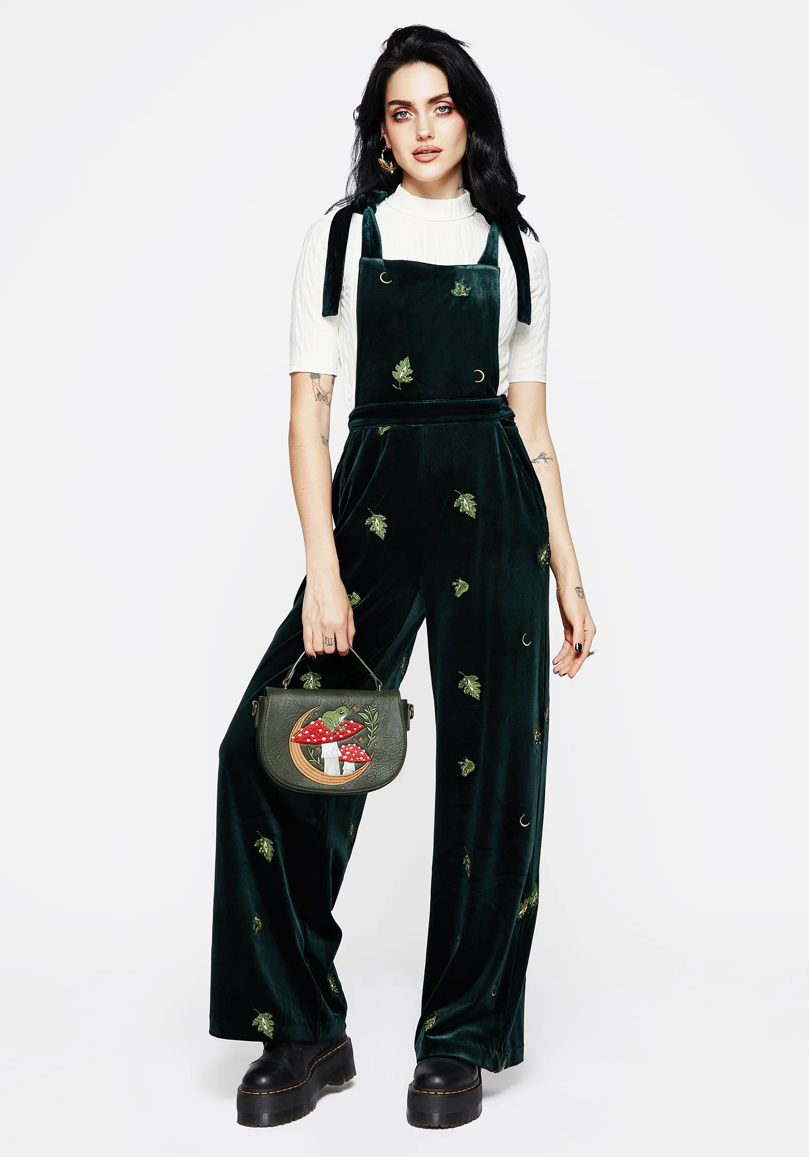 Swamplife Frog Embroidered Velour Wide Leg Dungarees - Image 4
