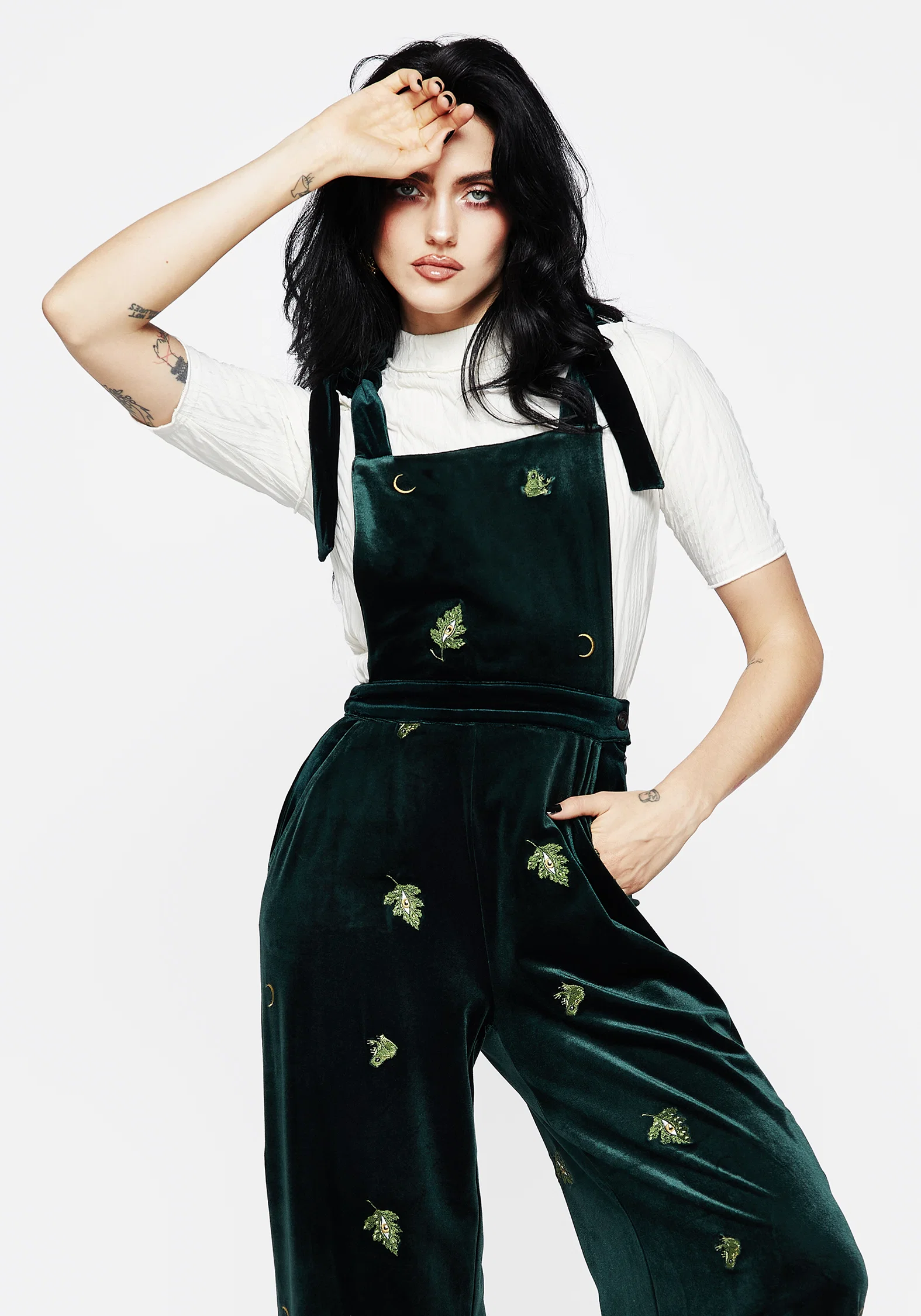 Swamplife Frog Embroidered Velour Wide Leg Dungarees - Image 5