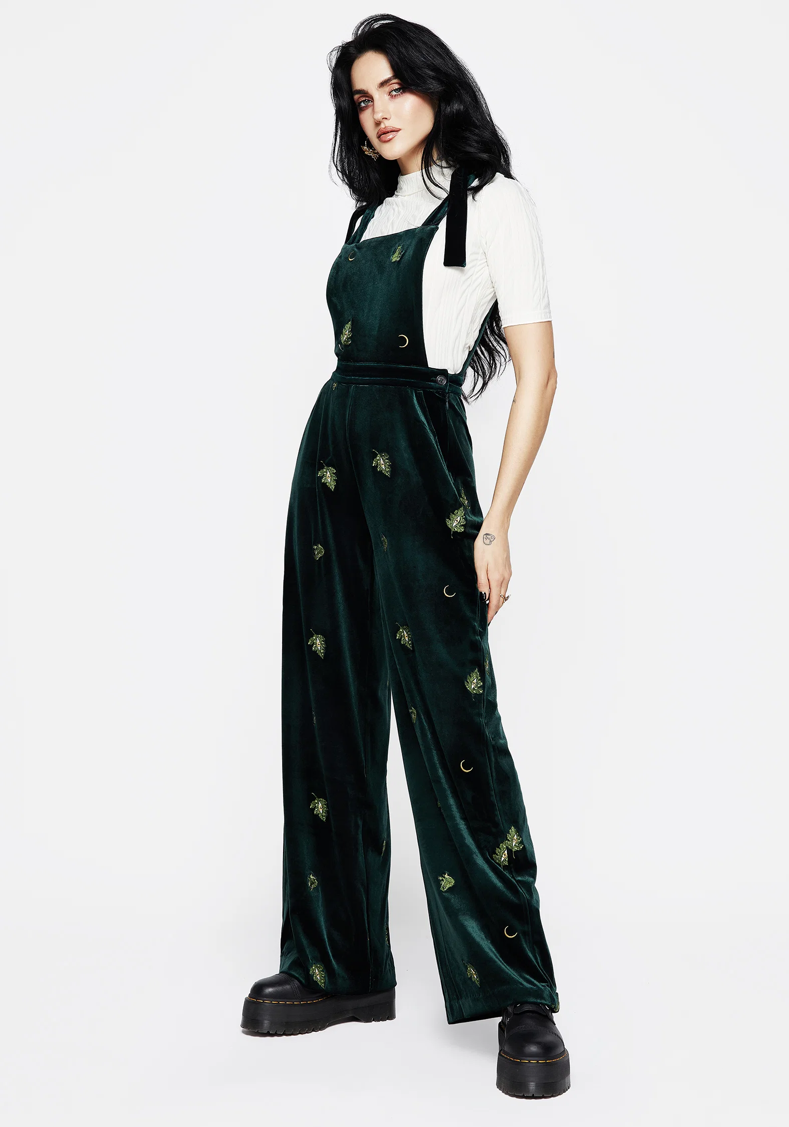 Swamplife Frog Embroidered Velour Wide Leg Dungarees - Image 6
