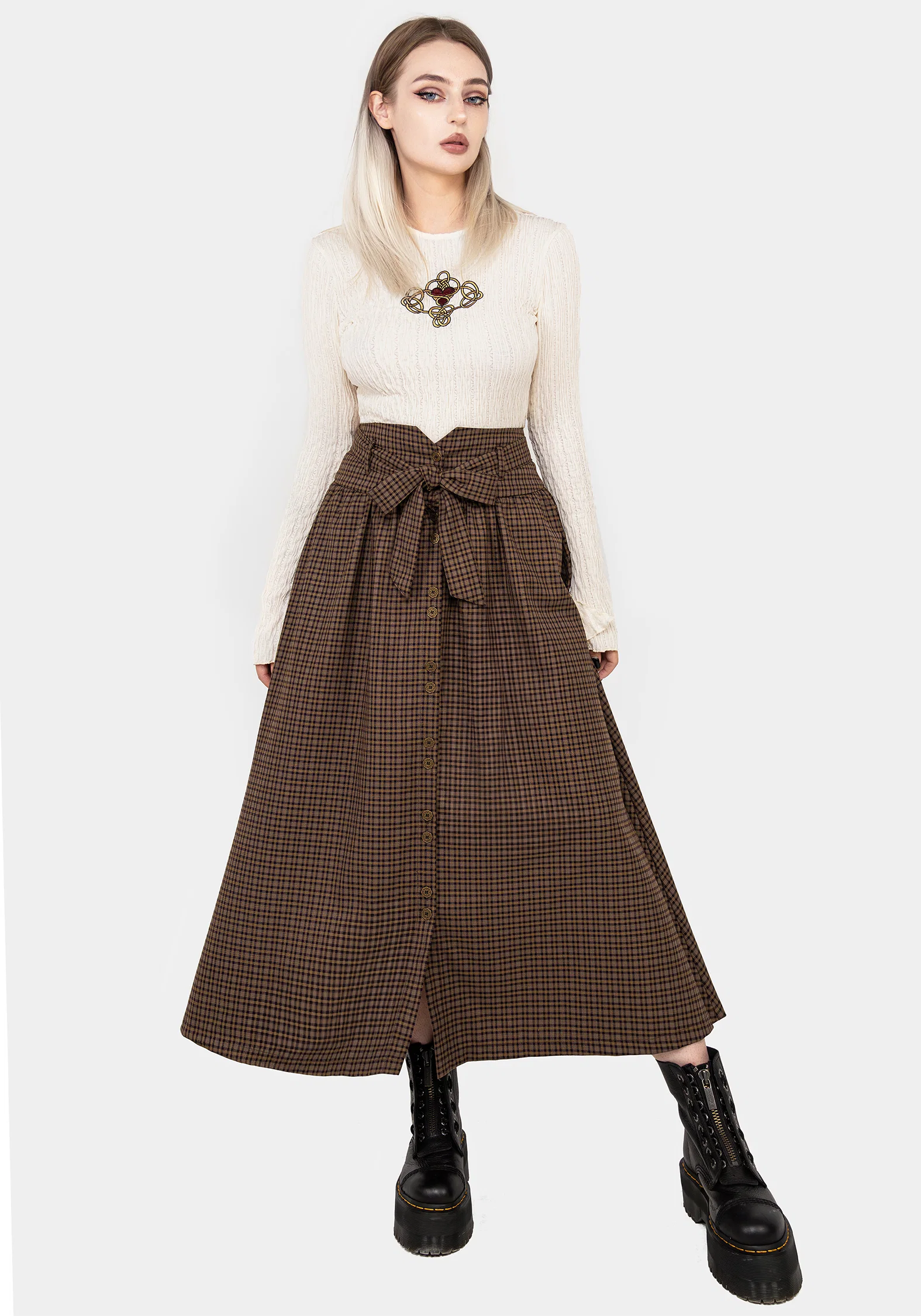 Sweetspire Check Tie Waist Midaxi Skirt - Image 5