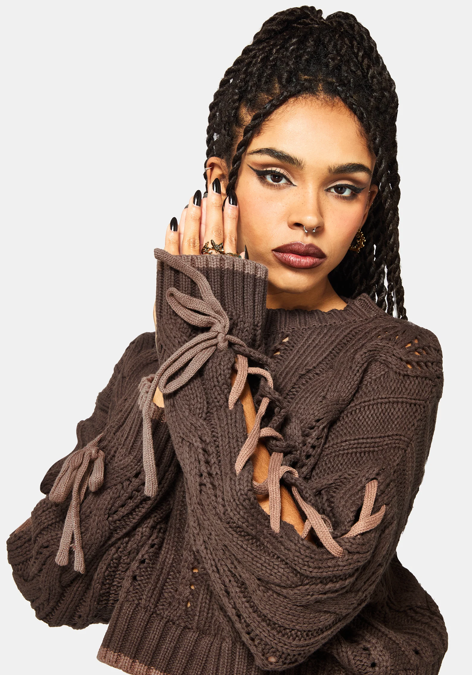 Sycamore Cotton Lace Up Sleeve Cable Knit Crop Jumper - Brown - Image 2