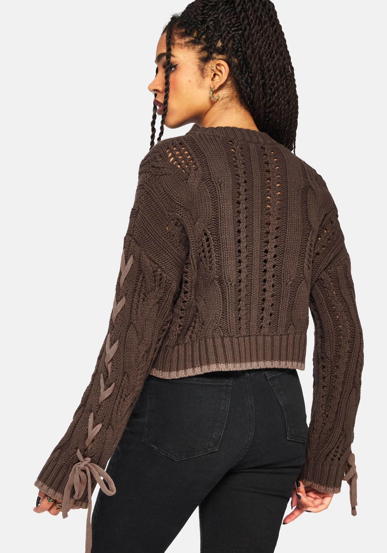 Sycamore Cotton Lace Up Sleeve Cable Knit Crop Jumper - Brown - Image 3