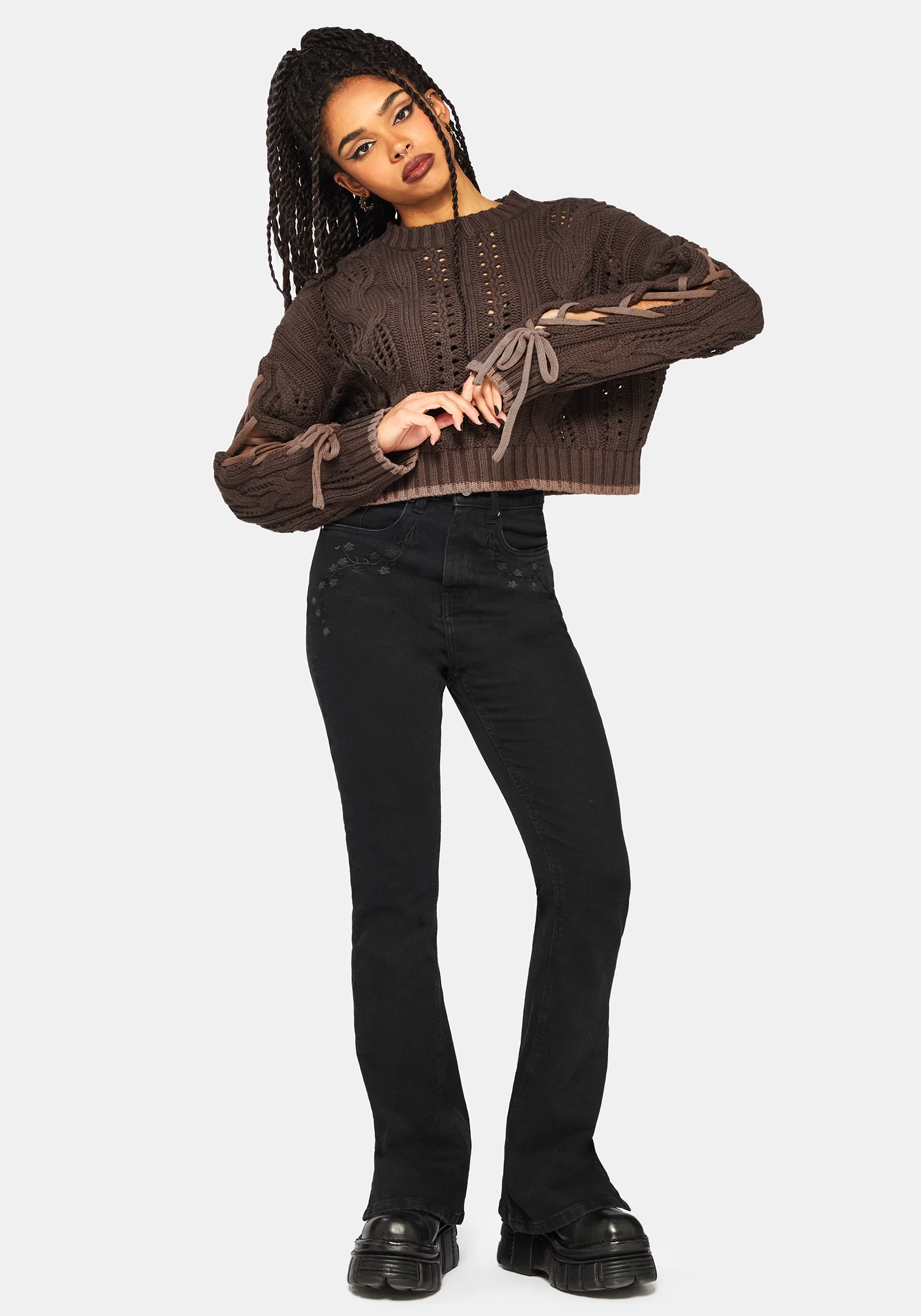 Sycamore Cotton Lace Up Sleeve Cable Knit Crop Jumper - Brown - Image 4