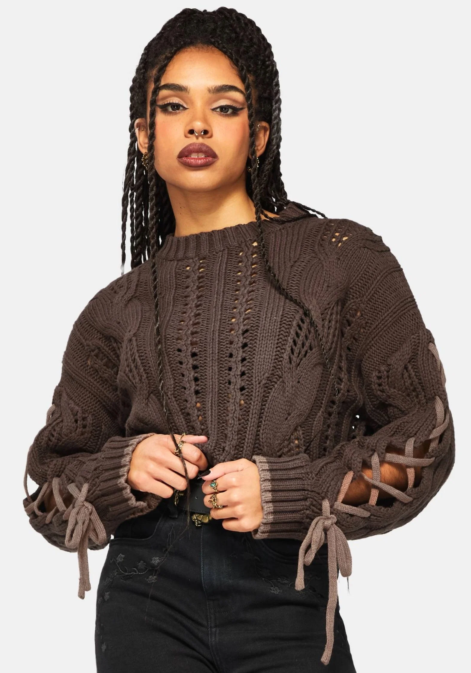 Sycamore Cotton Lace Up Sleeve Cable Knit Crop Jumper - Brown - Image 5