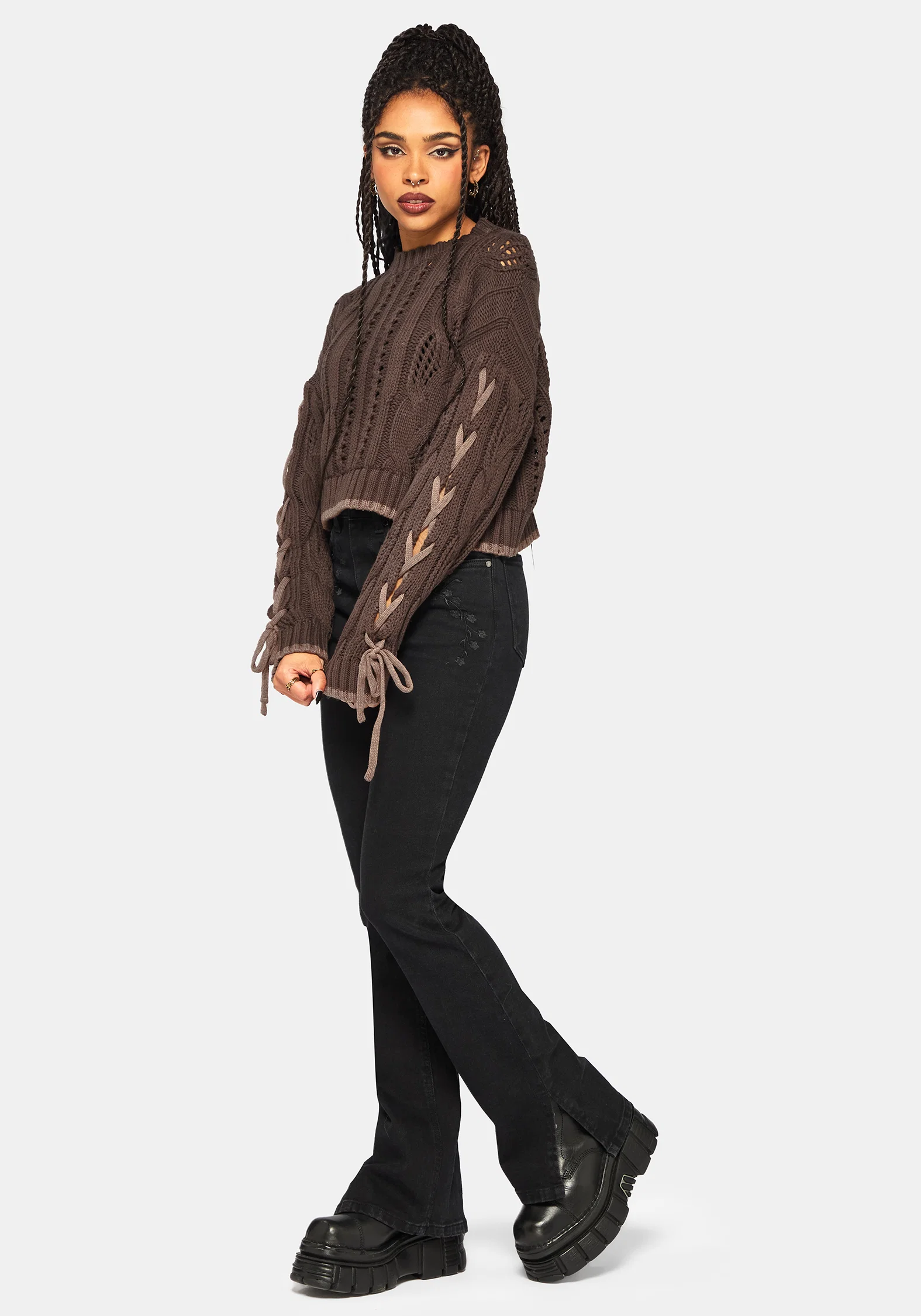 Sycamore Cotton Lace Up Sleeve Cable Knit Crop Jumper - Brown - Image 6