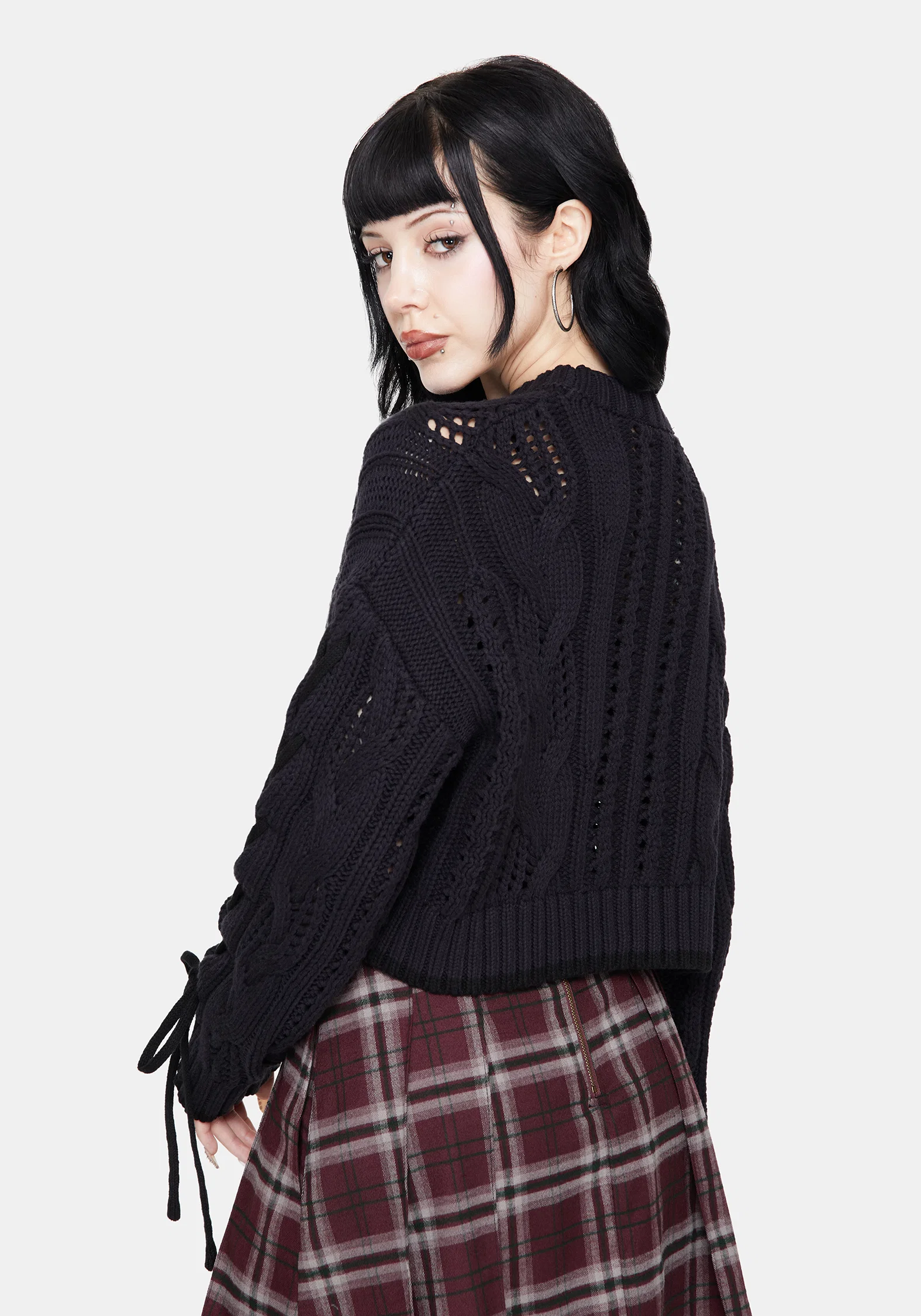 Sycamore Cotton Lace Up Sleeve Cable Knit Crop Jumper - Navy - Image 3