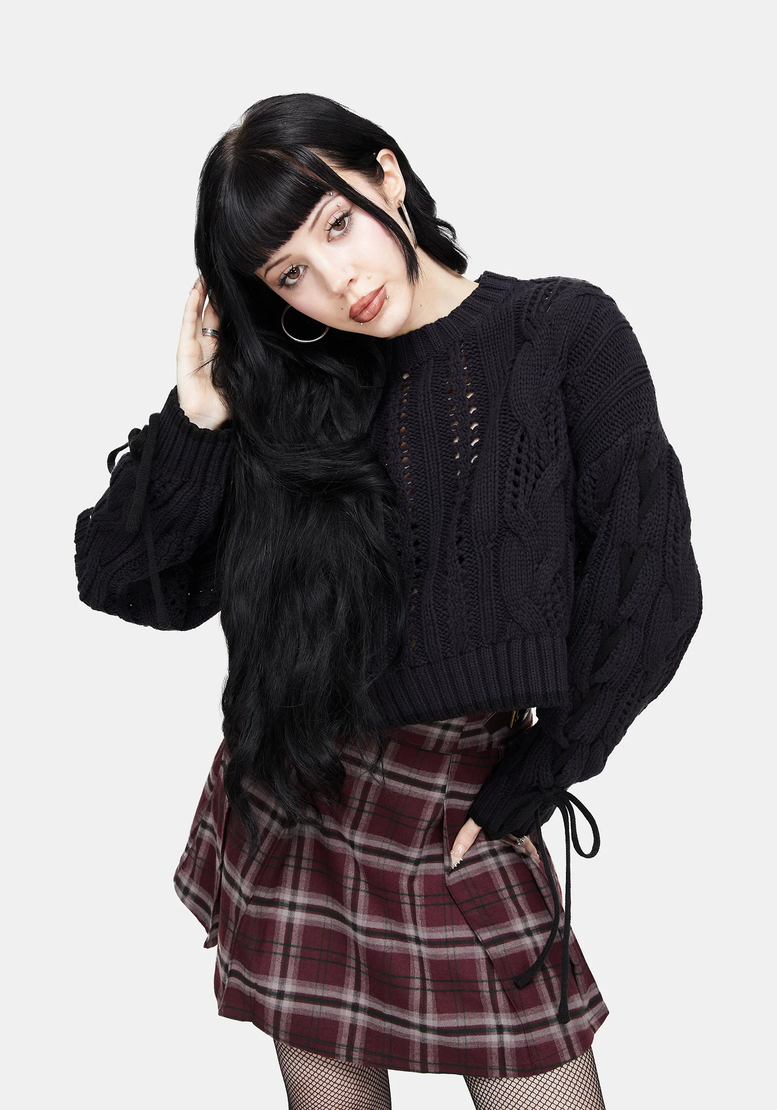Sycamore Cotton Lace Up Sleeve Cable Knit Crop Jumper - Navy - Image 4