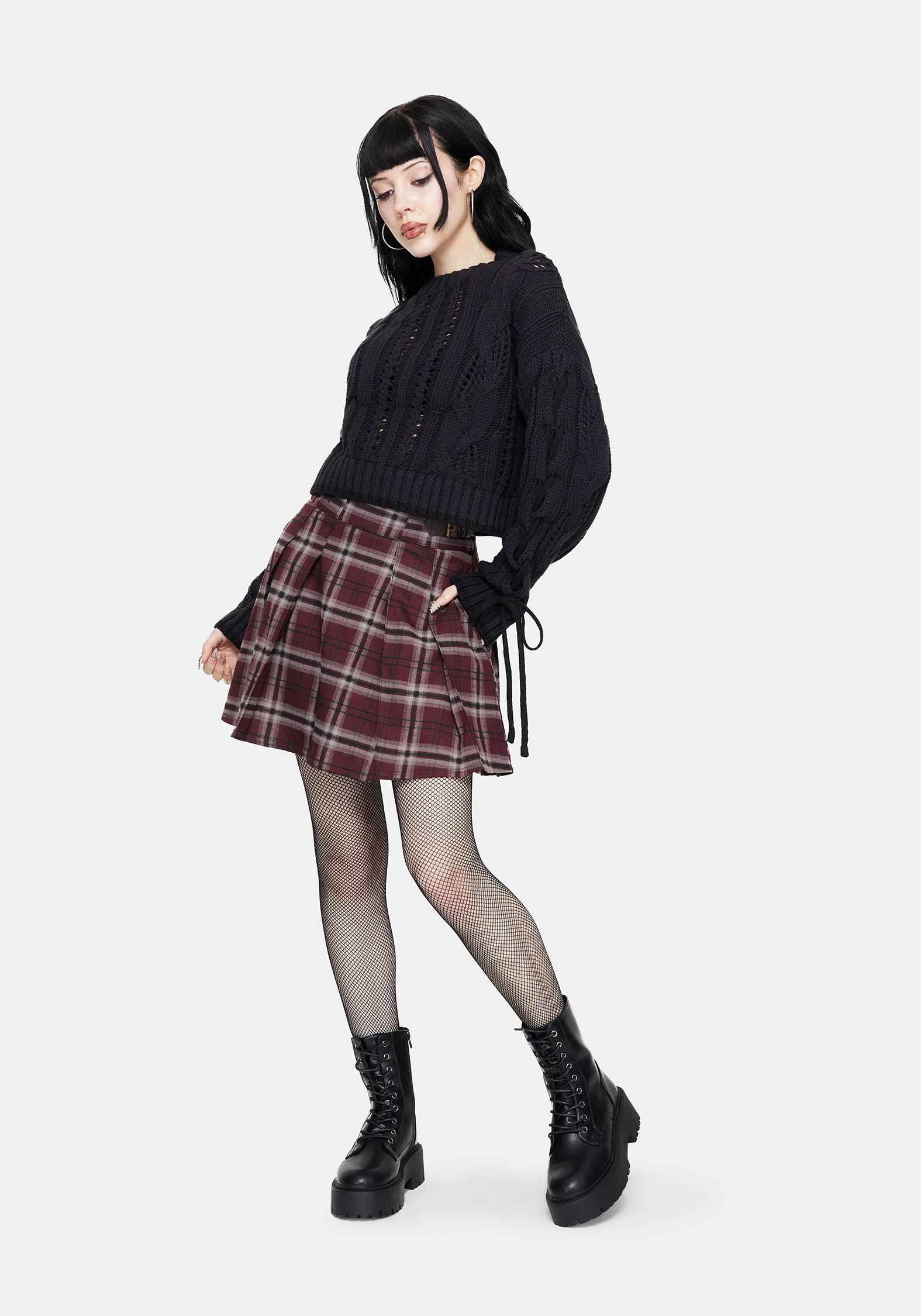 Sycamore Cotton Lace Up Sleeve Cable Knit Crop Jumper - Navy - Image 5