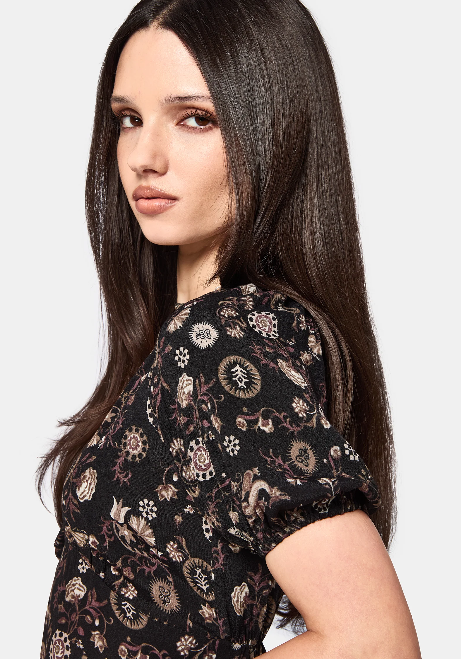 Sylra Ditsy Folk Print Tie Back Tiered Mini Dress - Image 3