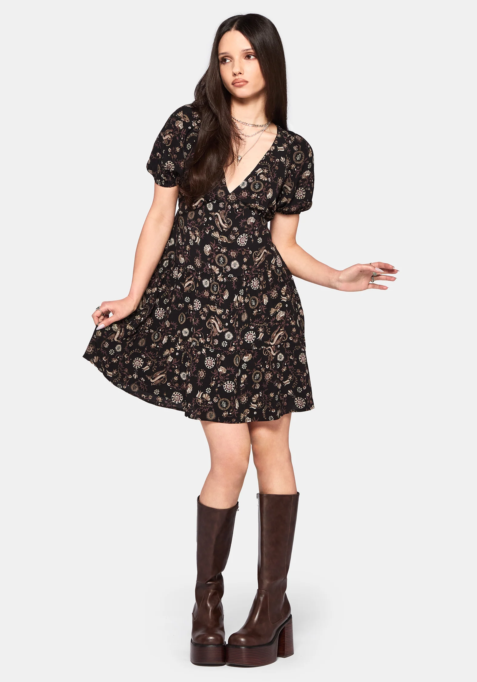 Sylra Ditsy Folk Print Tie Back Tiered Mini Dress - Image 6