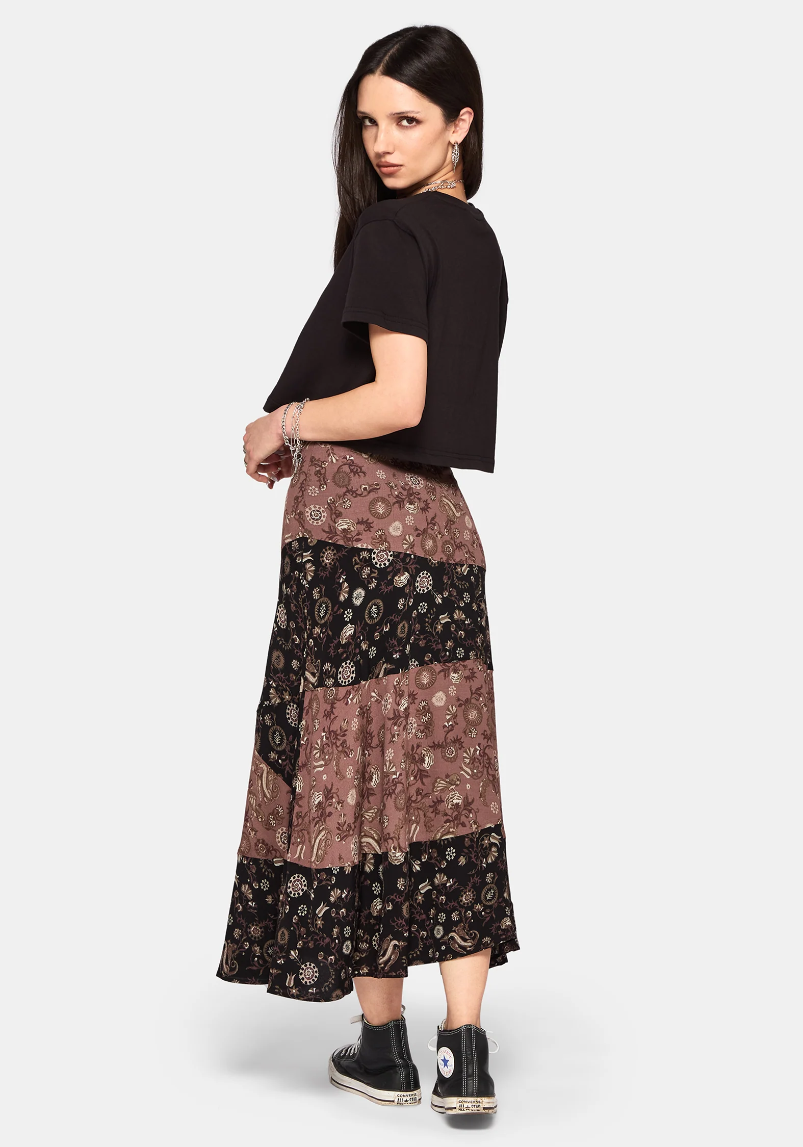 Sylra Ditsy Folk Spliced Midi Skirt - Image 3