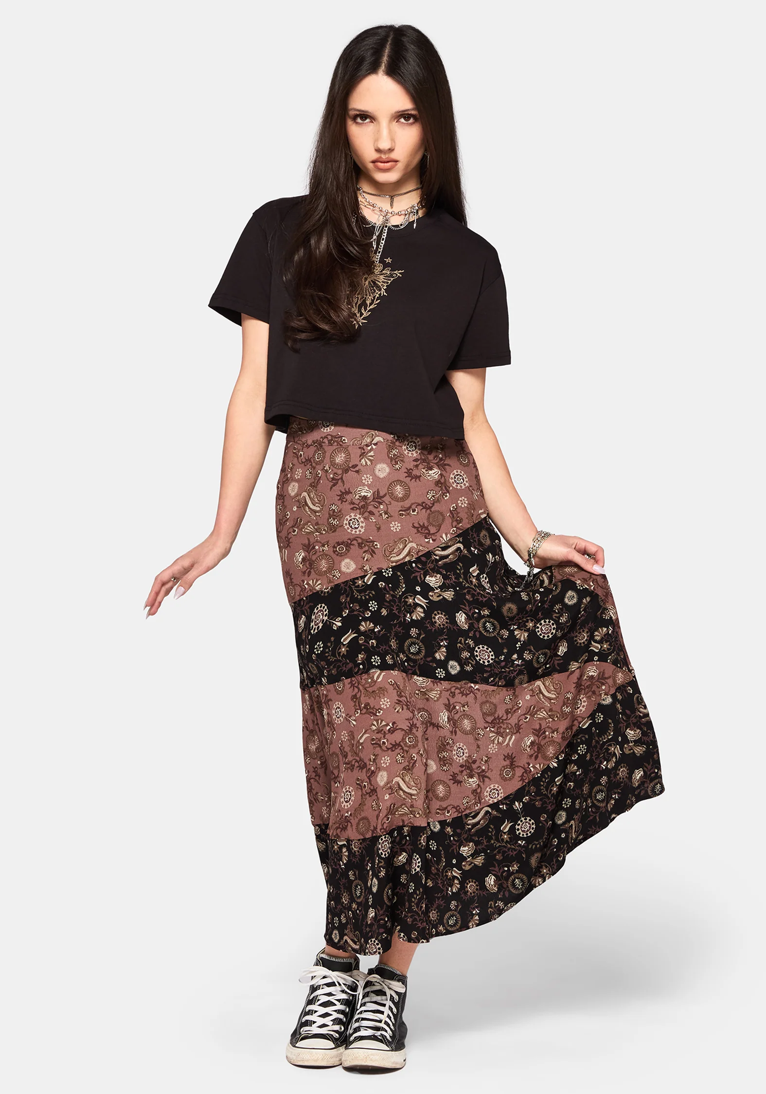 Sylra Ditsy Folk Spliced Midi Skirt - Image 5