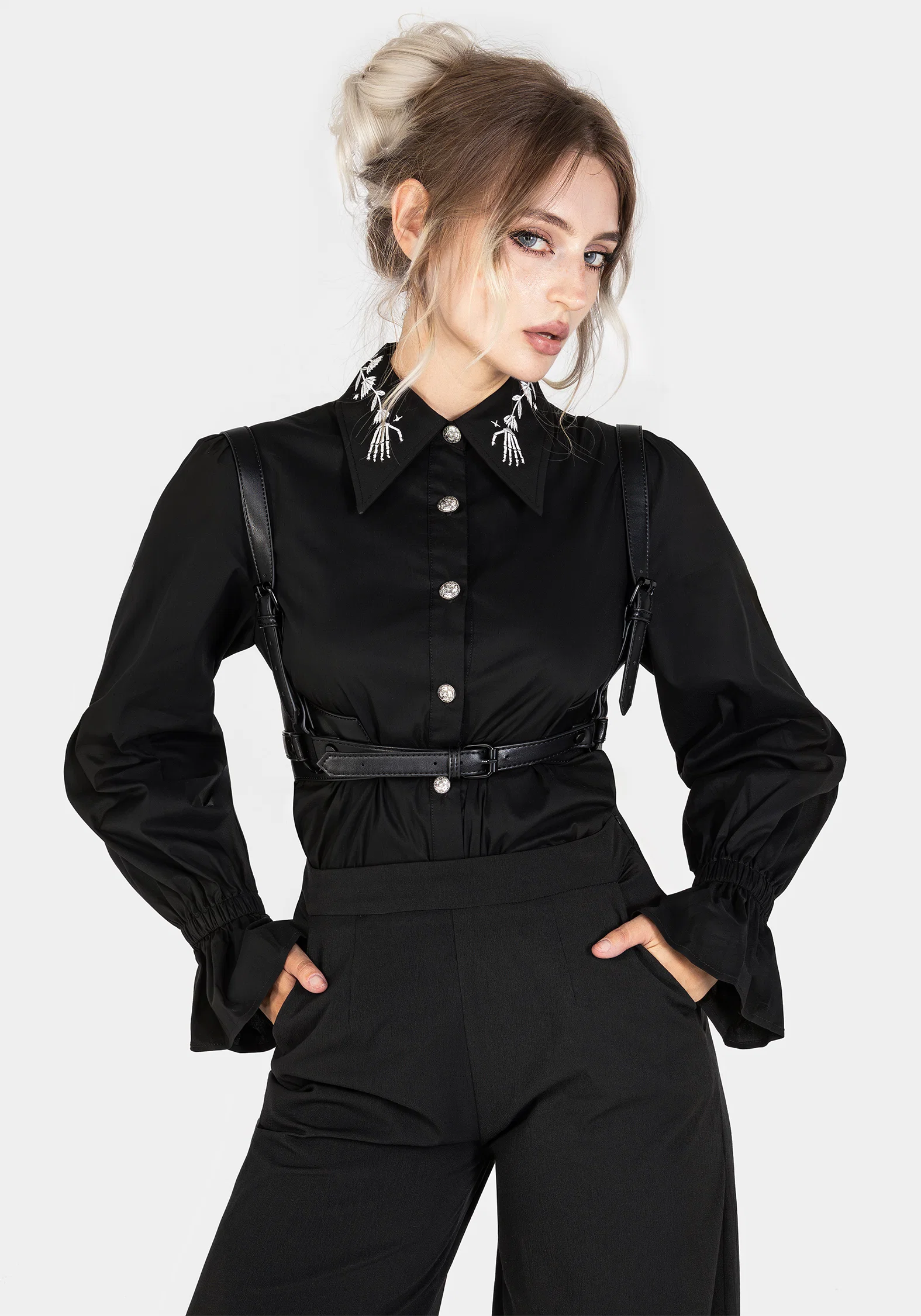 Tempora Embroidered Button Up Shirt - Black - Image 7