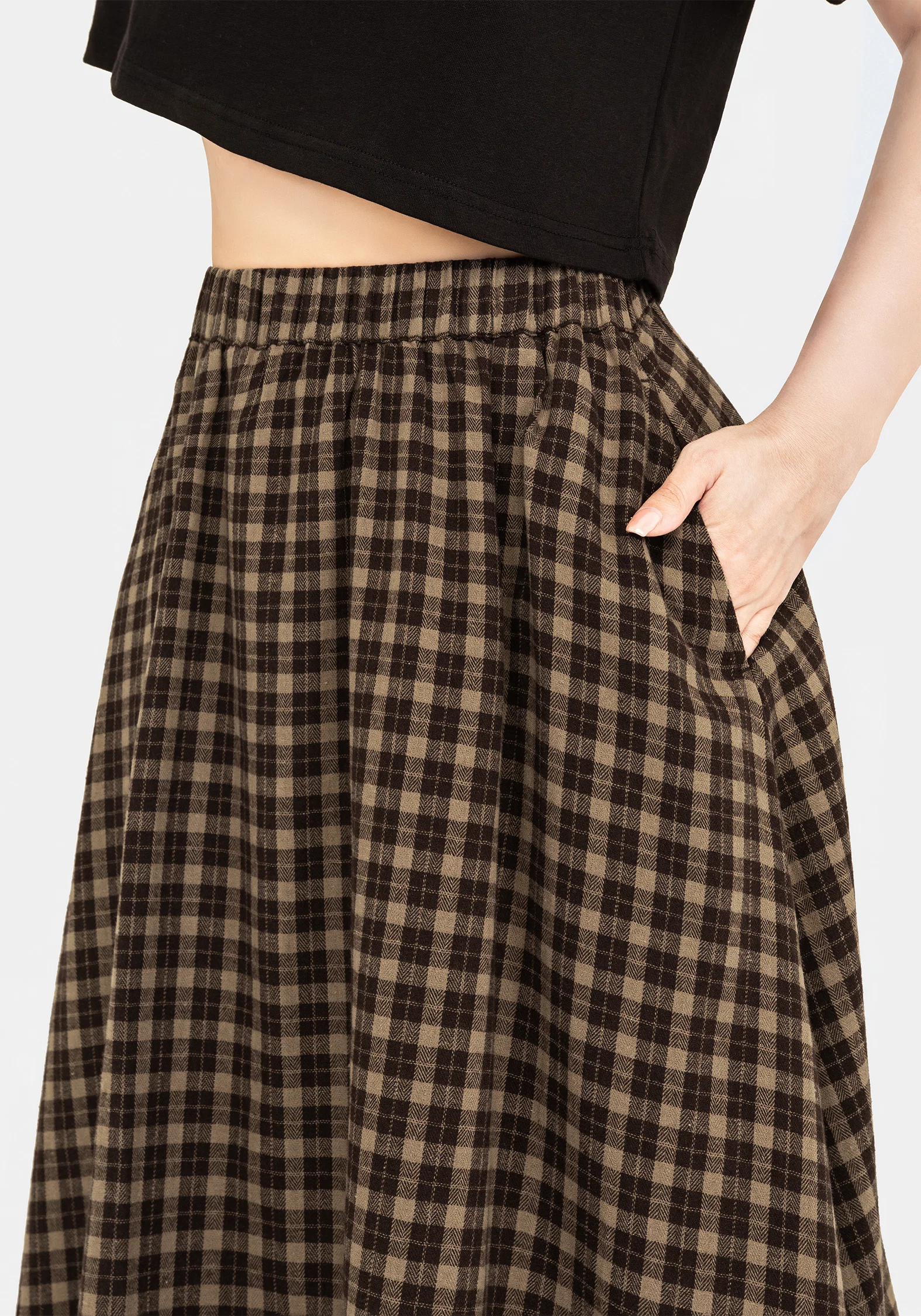 Terra Cotton Check Midi Skirt - Brown - Image 2