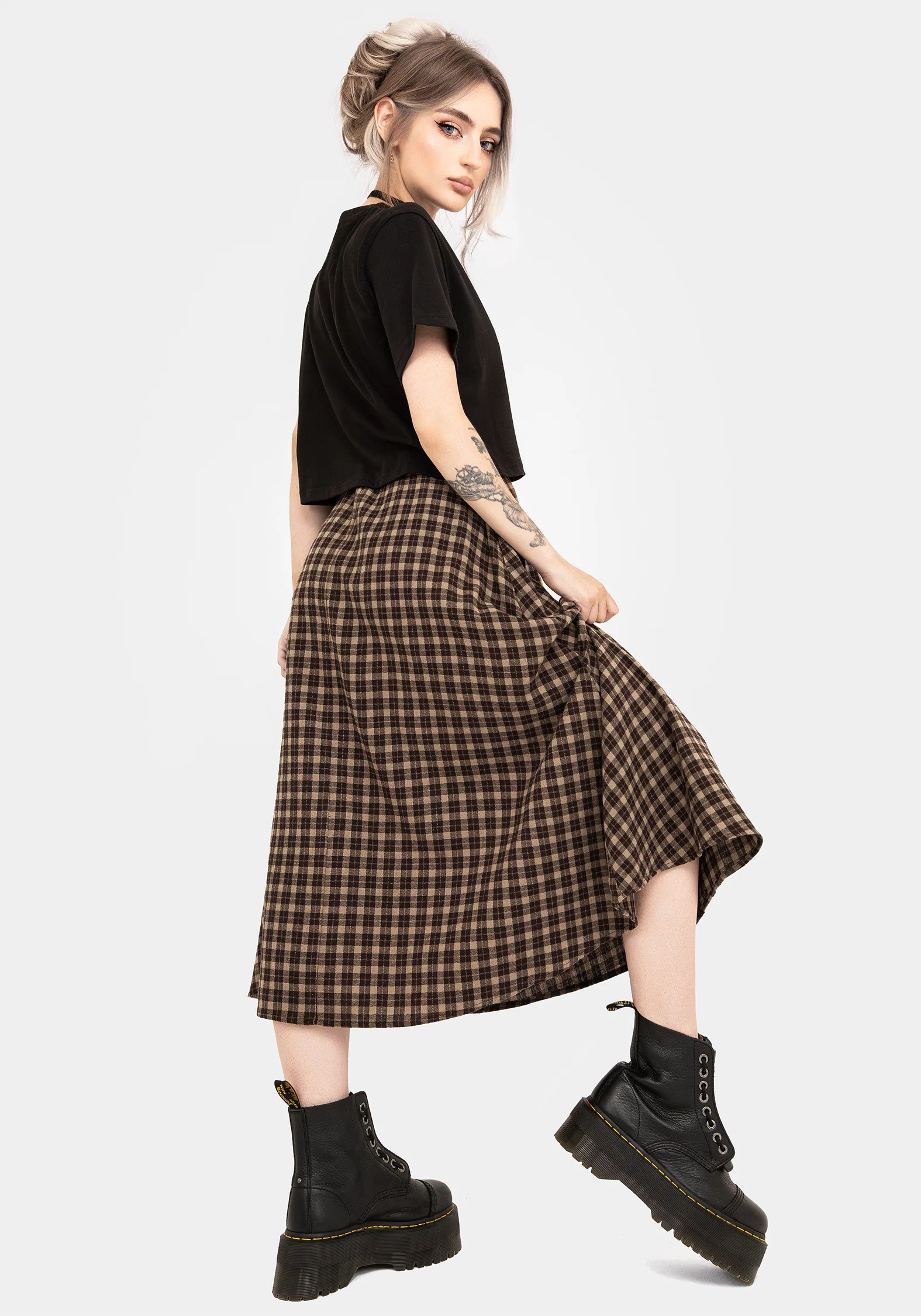 Terra Cotton Check Midi Skirt - Brown - Image 3