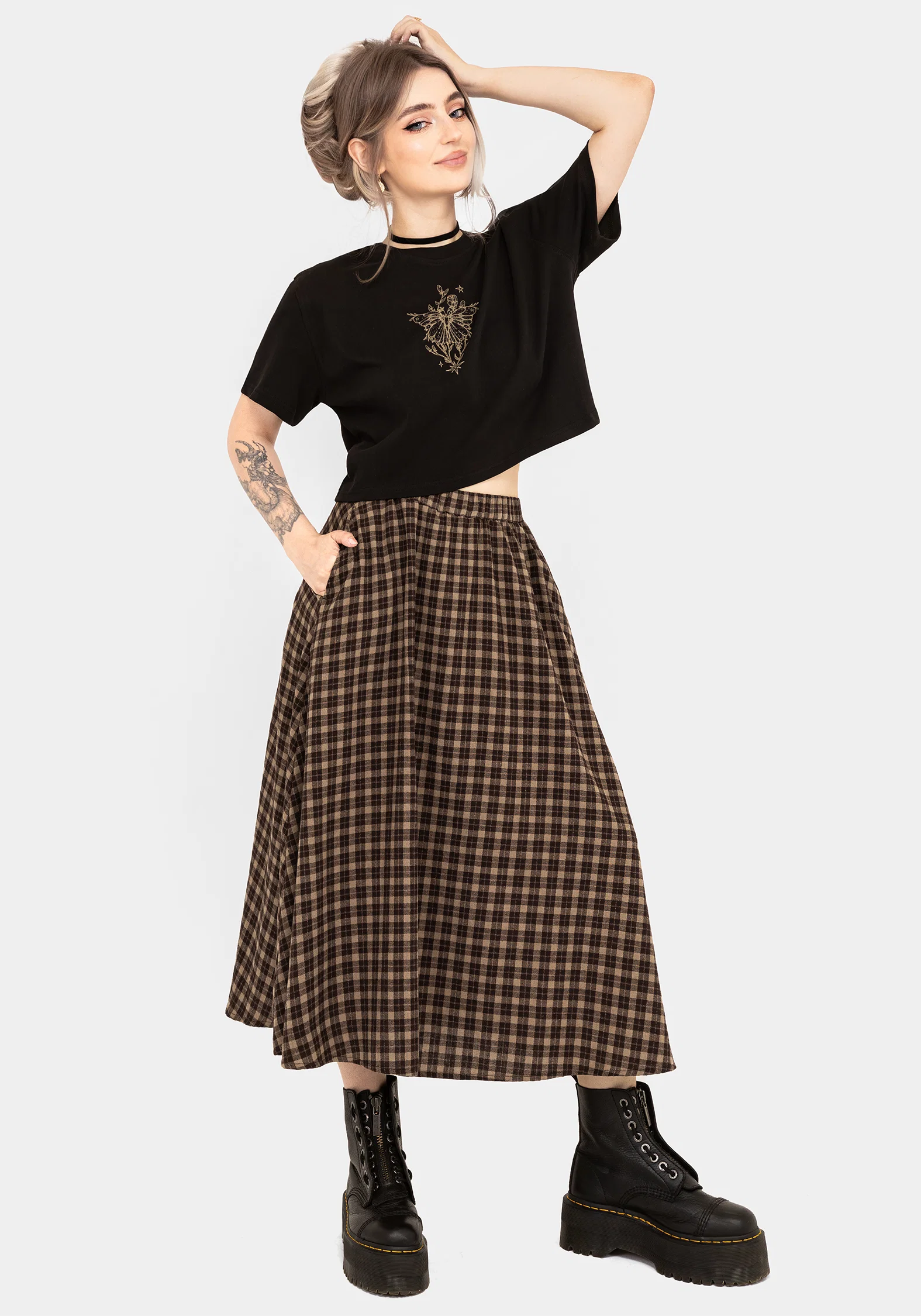 Terra Cotton Check Midi Skirt - Brown - Image 5