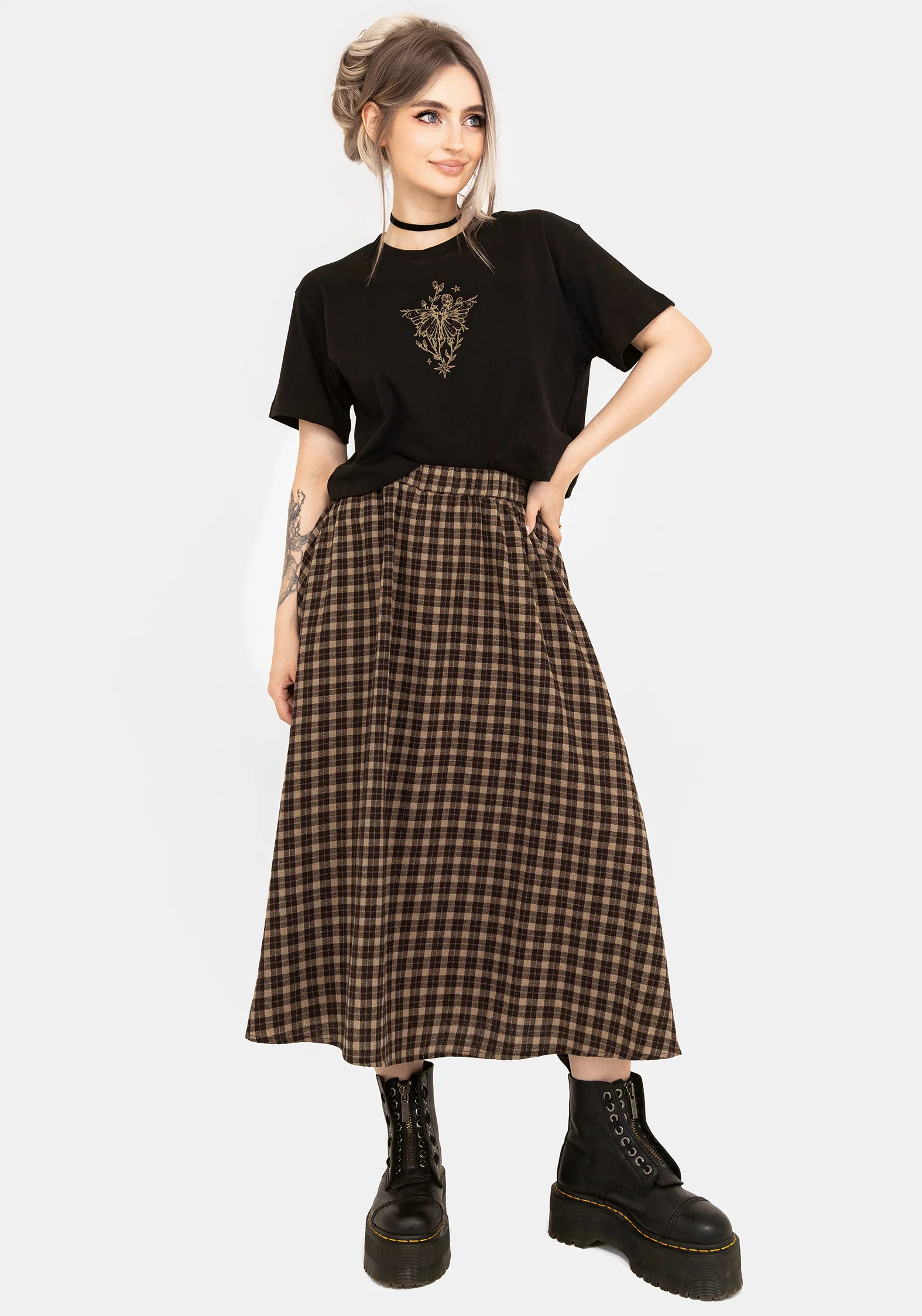 Terra Cotton Check Midi Skirt - Brown - Image 6