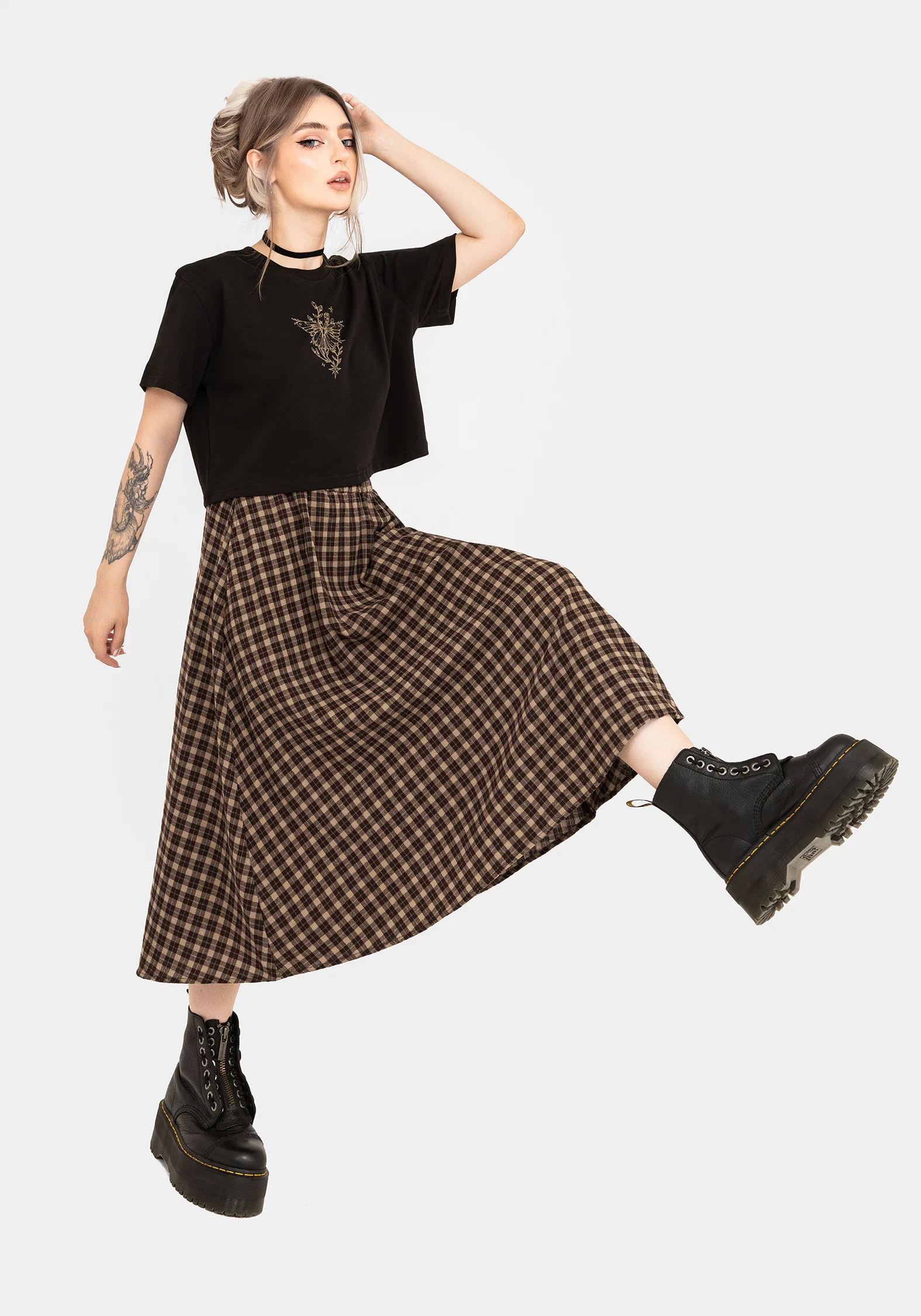 Terra Cotton Check Midi Skirt - Brown - Image 7