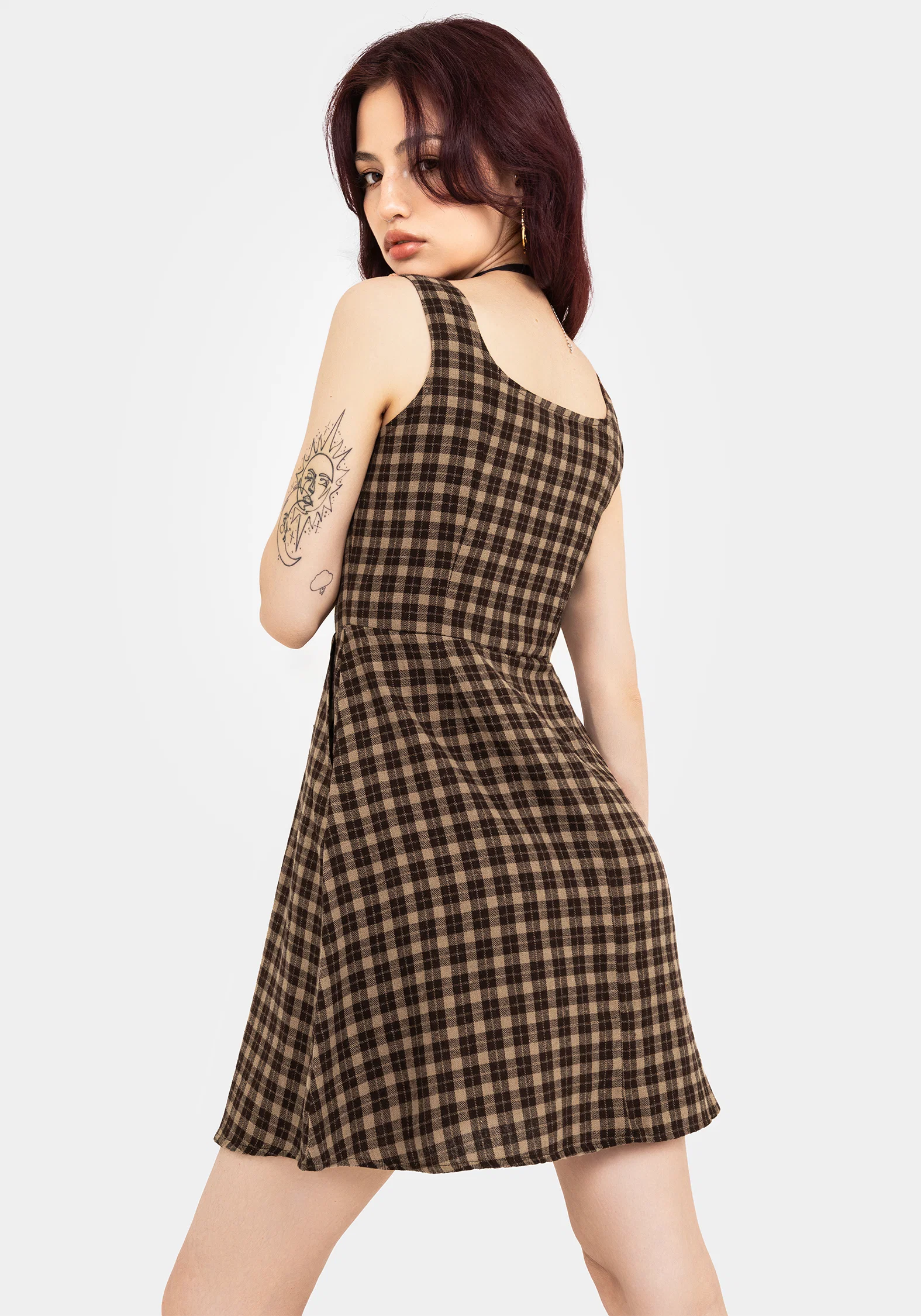 Terra Cotton Check Sleeveless Button Up Mini Dress - Brown - Image 3