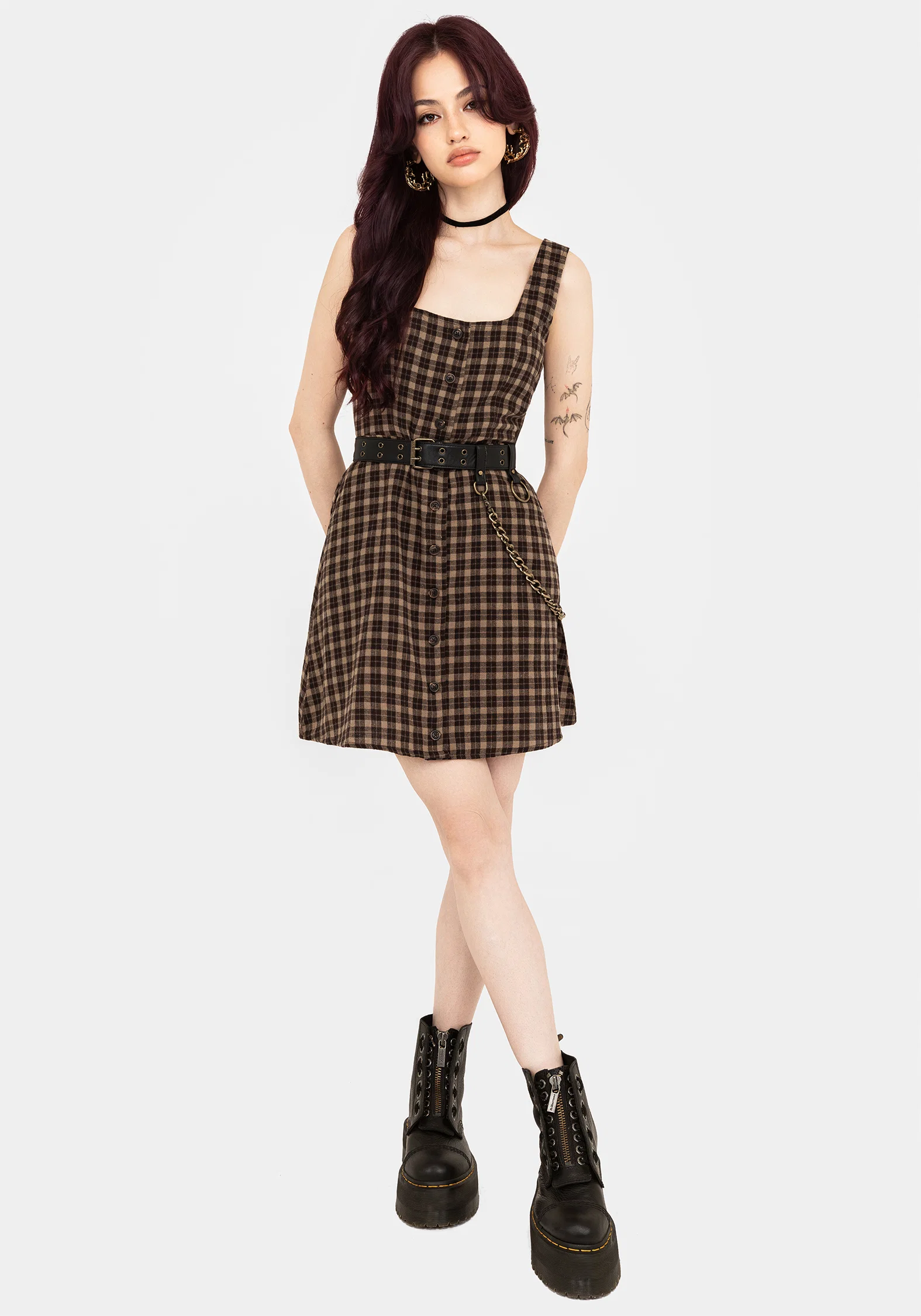 Terra Cotton Check Sleeveless Button Up Mini Dress - Brown - Image 4