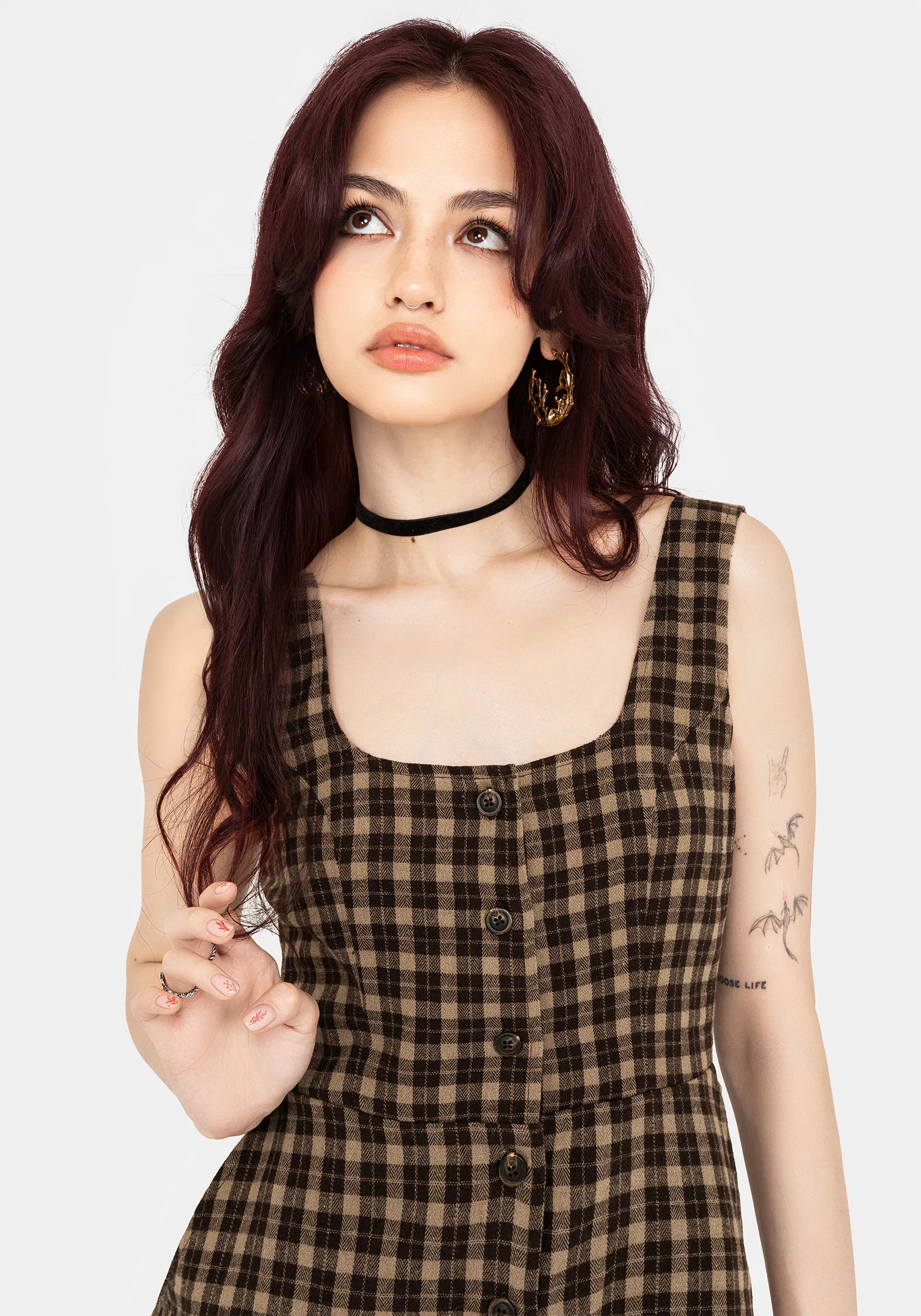 Terra Cotton Check Sleeveless Button Up Mini Dress - Brown - Image 5