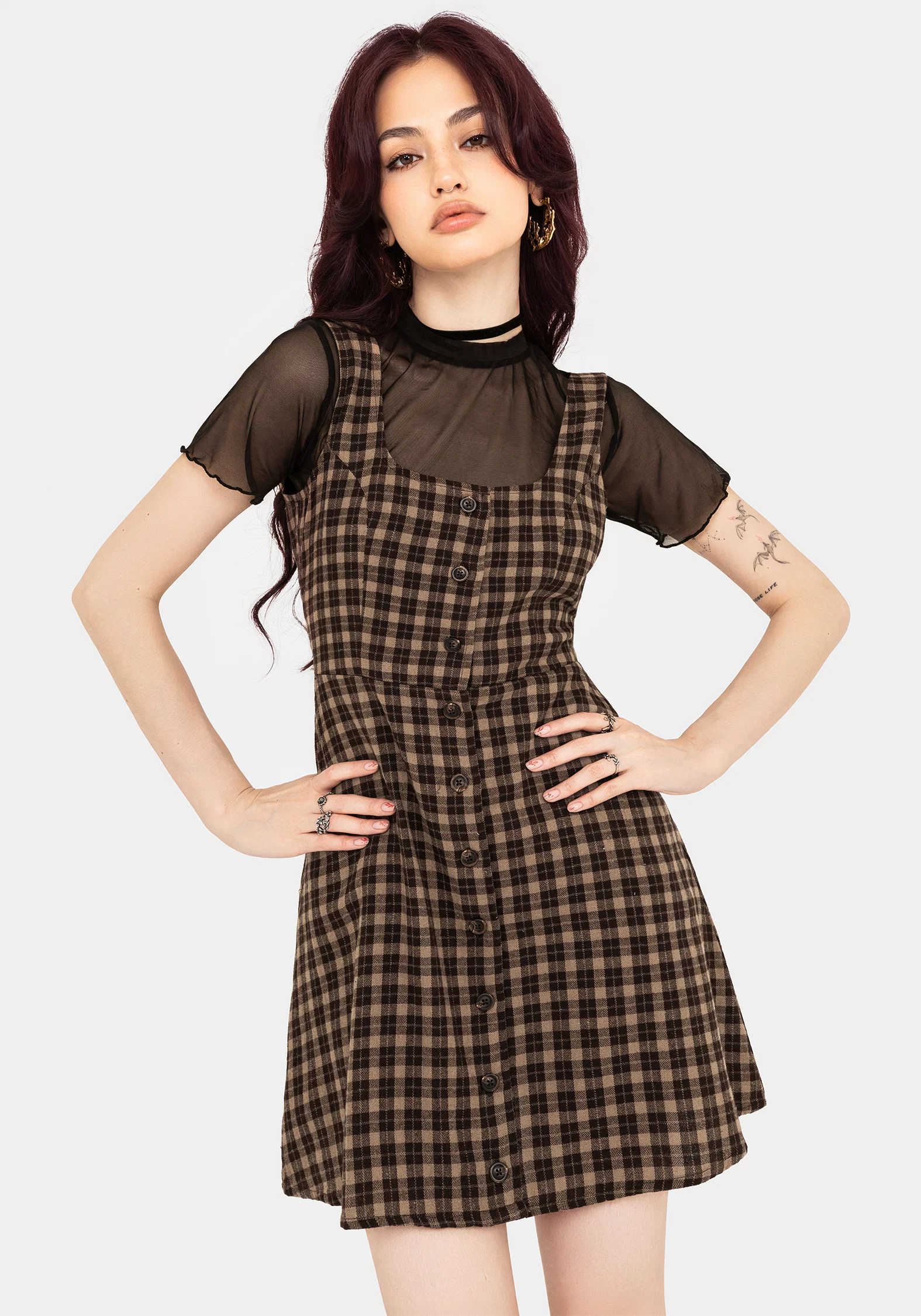 Terra Cotton Check Sleeveless Button Up Mini Dress - Brown - Image 6