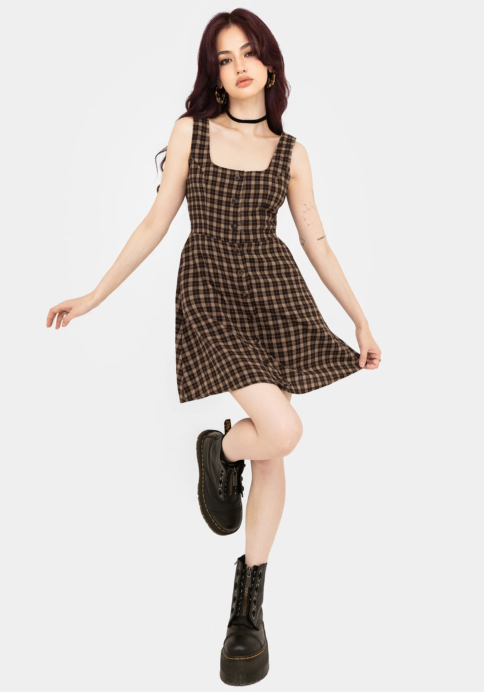 Terra Cotton Check Sleeveless Button Up Mini Dress - Brown - Image 7