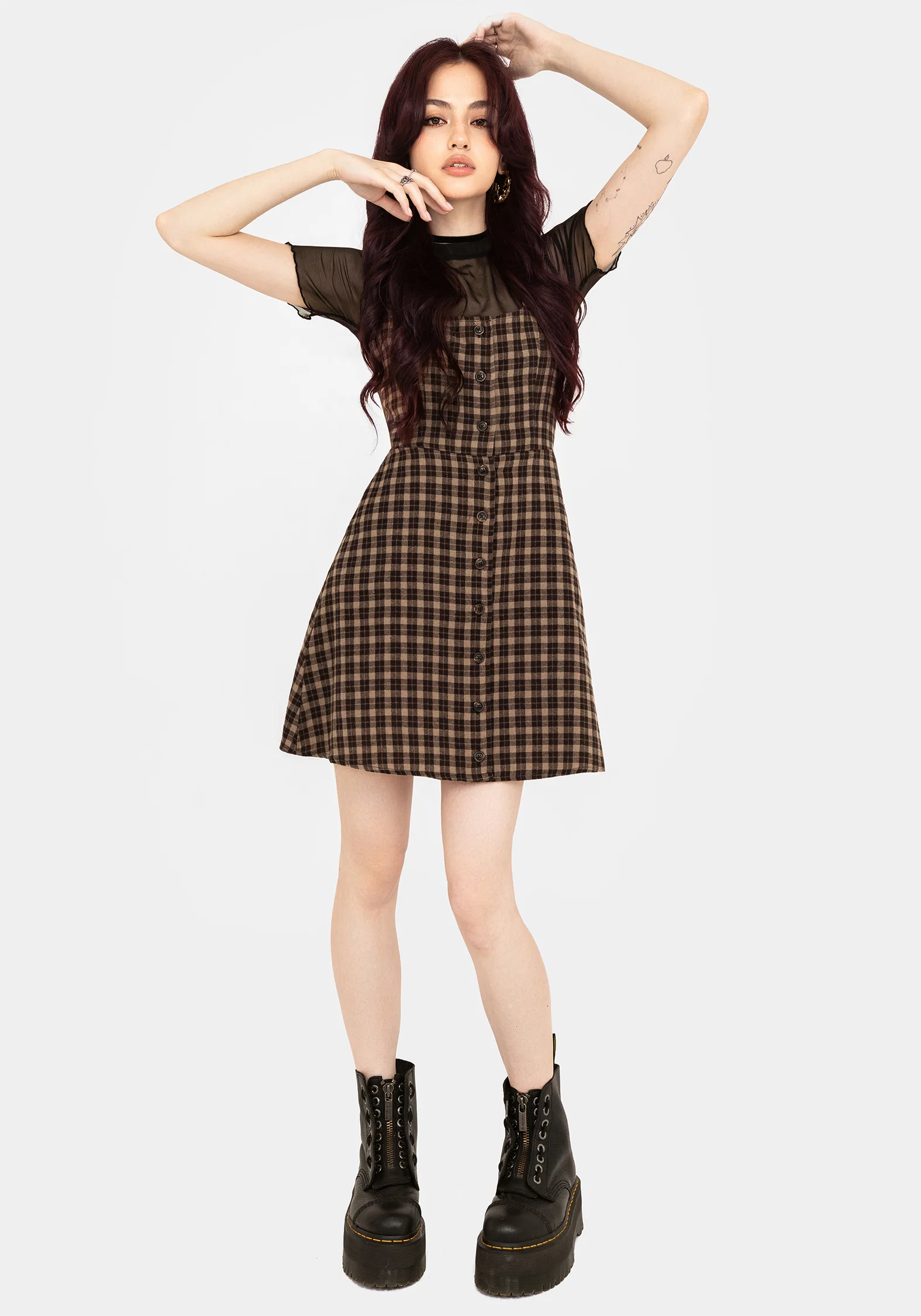 Terra Cotton Check Sleeveless Button Up Mini Dress - Brown - Image 8