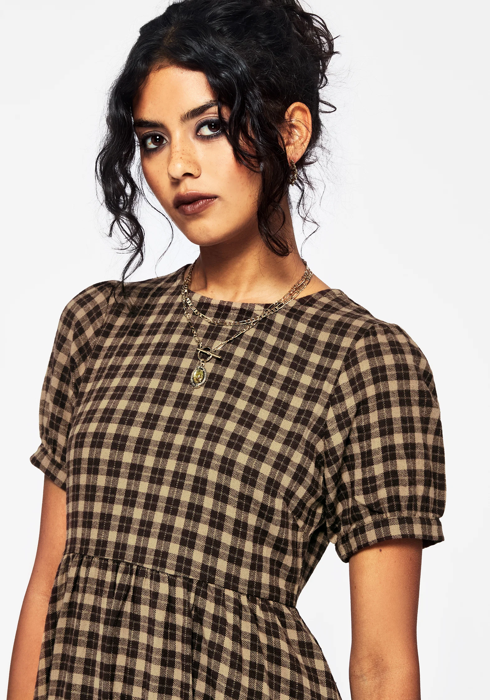 Terra Cotton Check Smock Midaxi Dress - Brown - Image 2