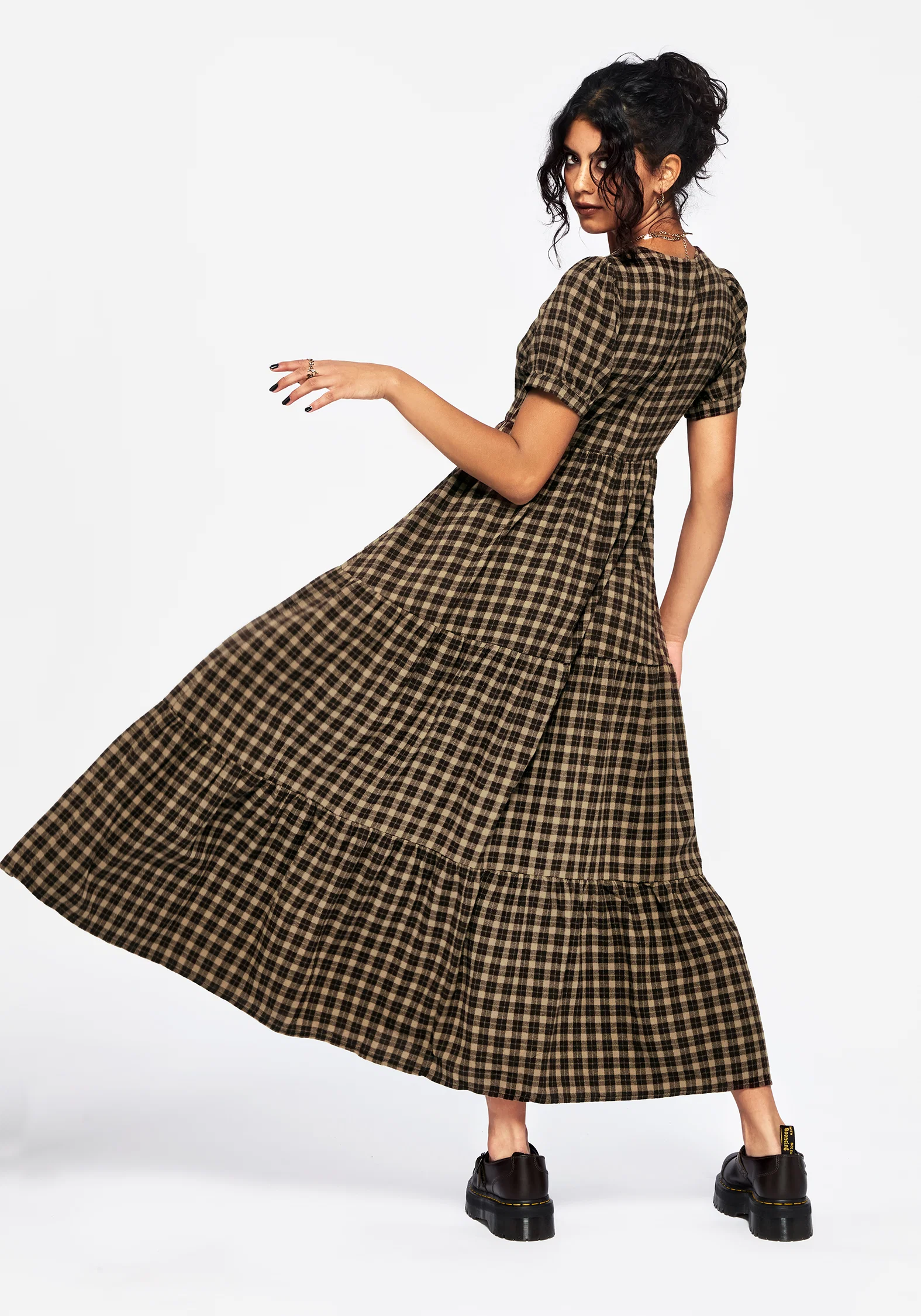 Terra Cotton Check Smock Midaxi Dress - Brown - Image 3
