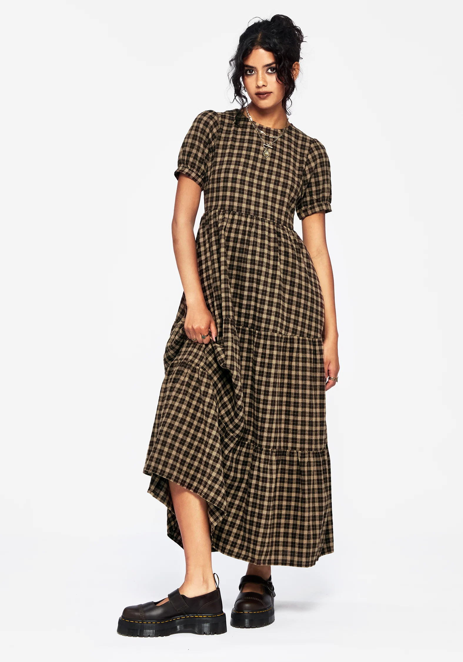 Terra Cotton Check Smock Midaxi Dress - Brown - Image 4