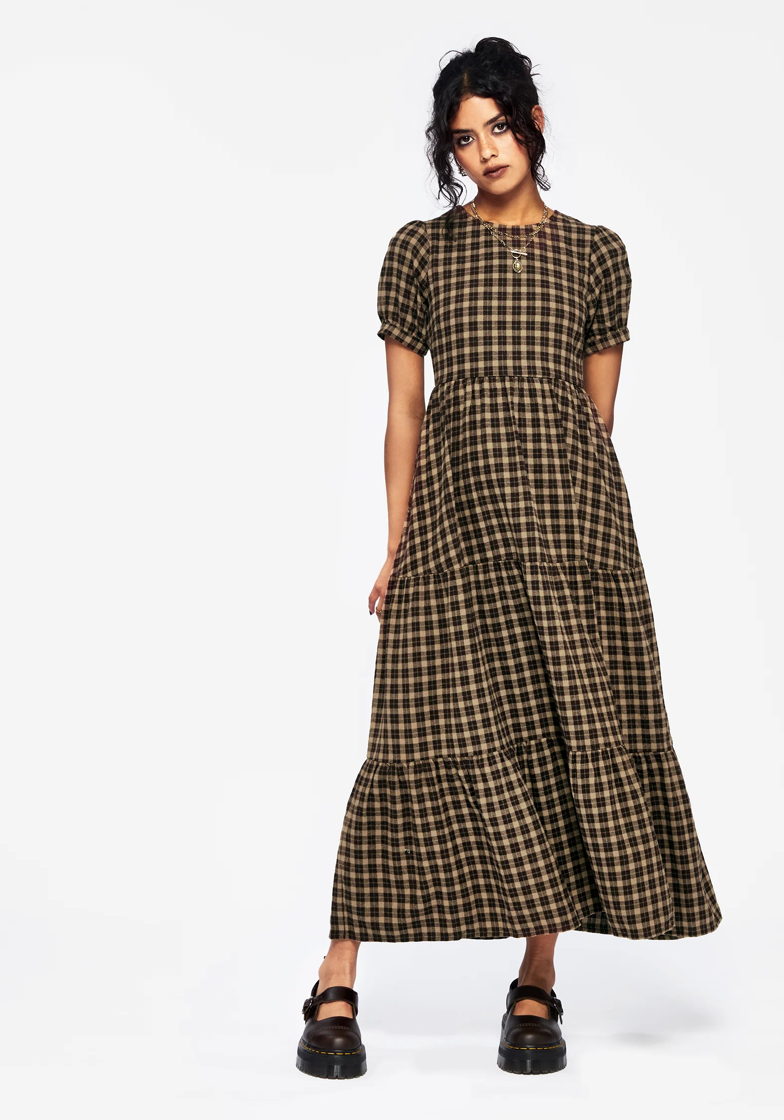 Terra Cotton Check Smock Midaxi Dress - Brown - Image 5