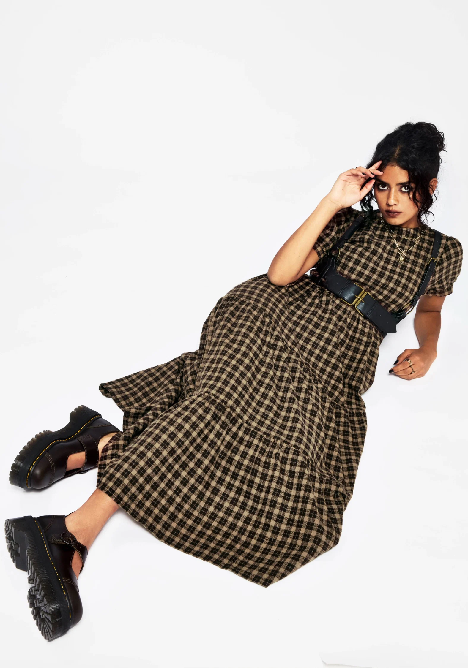 Terra Cotton Check Smock Midaxi Dress - Brown - Image 6