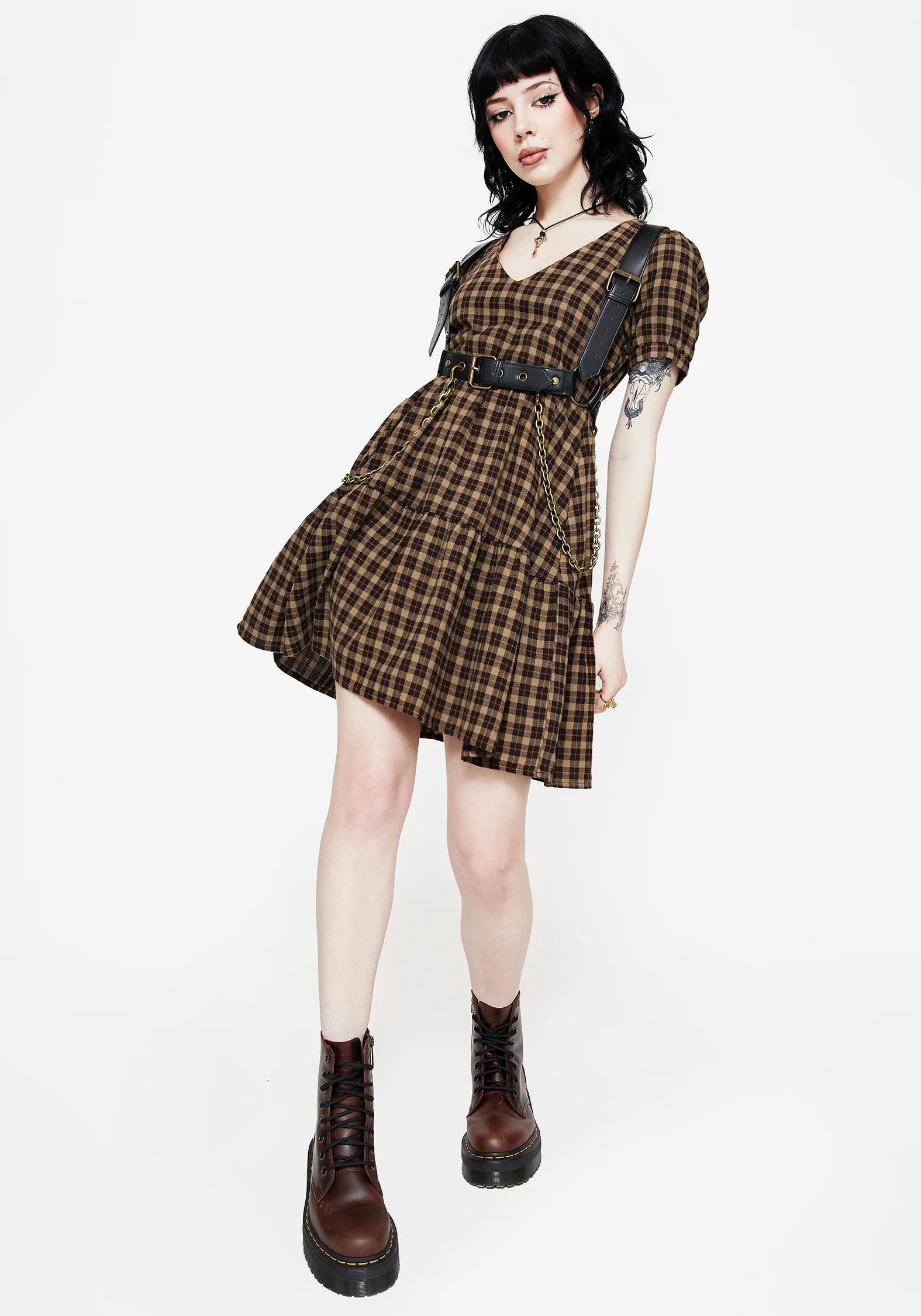 Terra Cotton Check Smock Mini Dress - Brown - Image 4