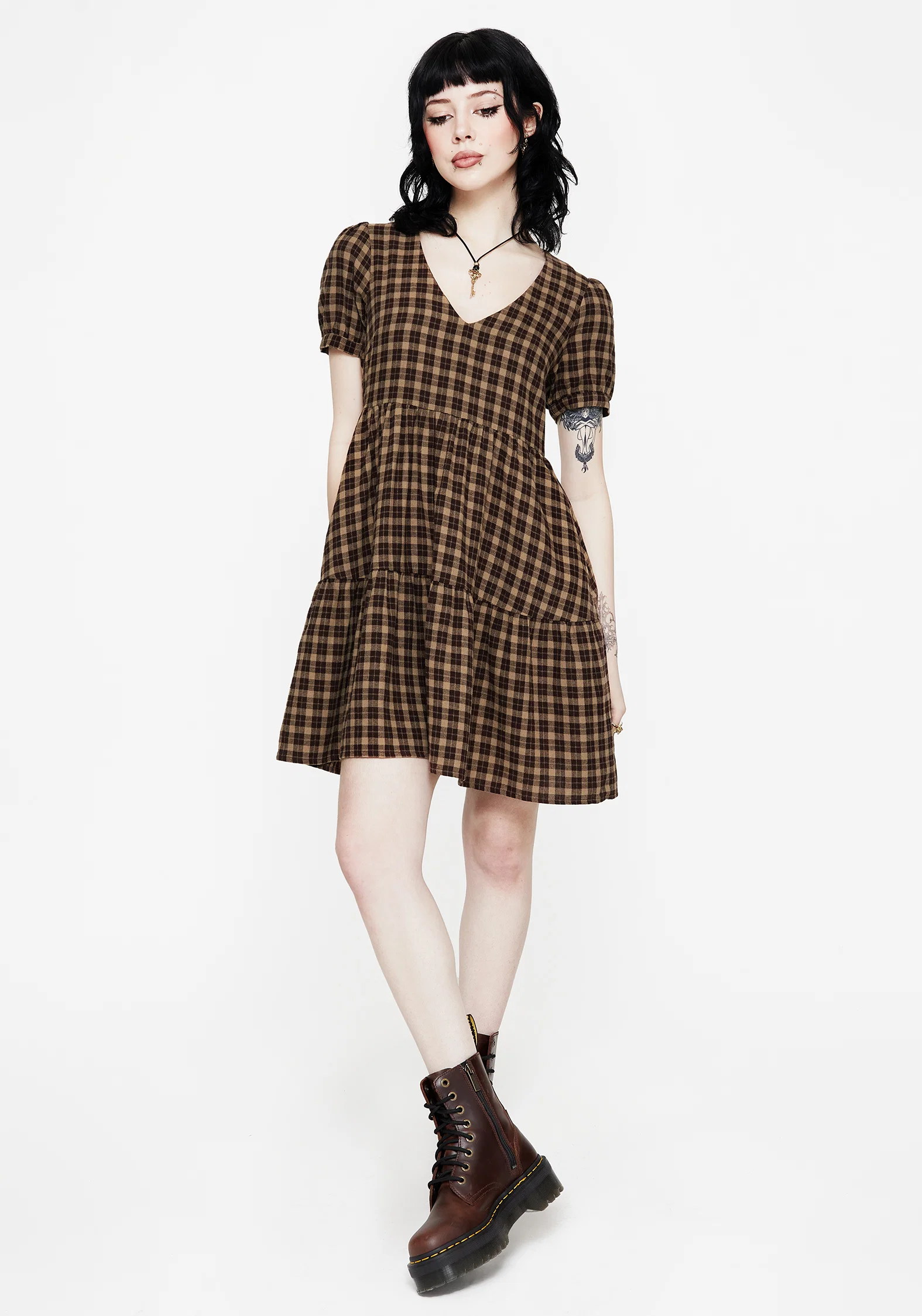 Terra Cotton Check Smock Mini Dress - Brown - Image 5
