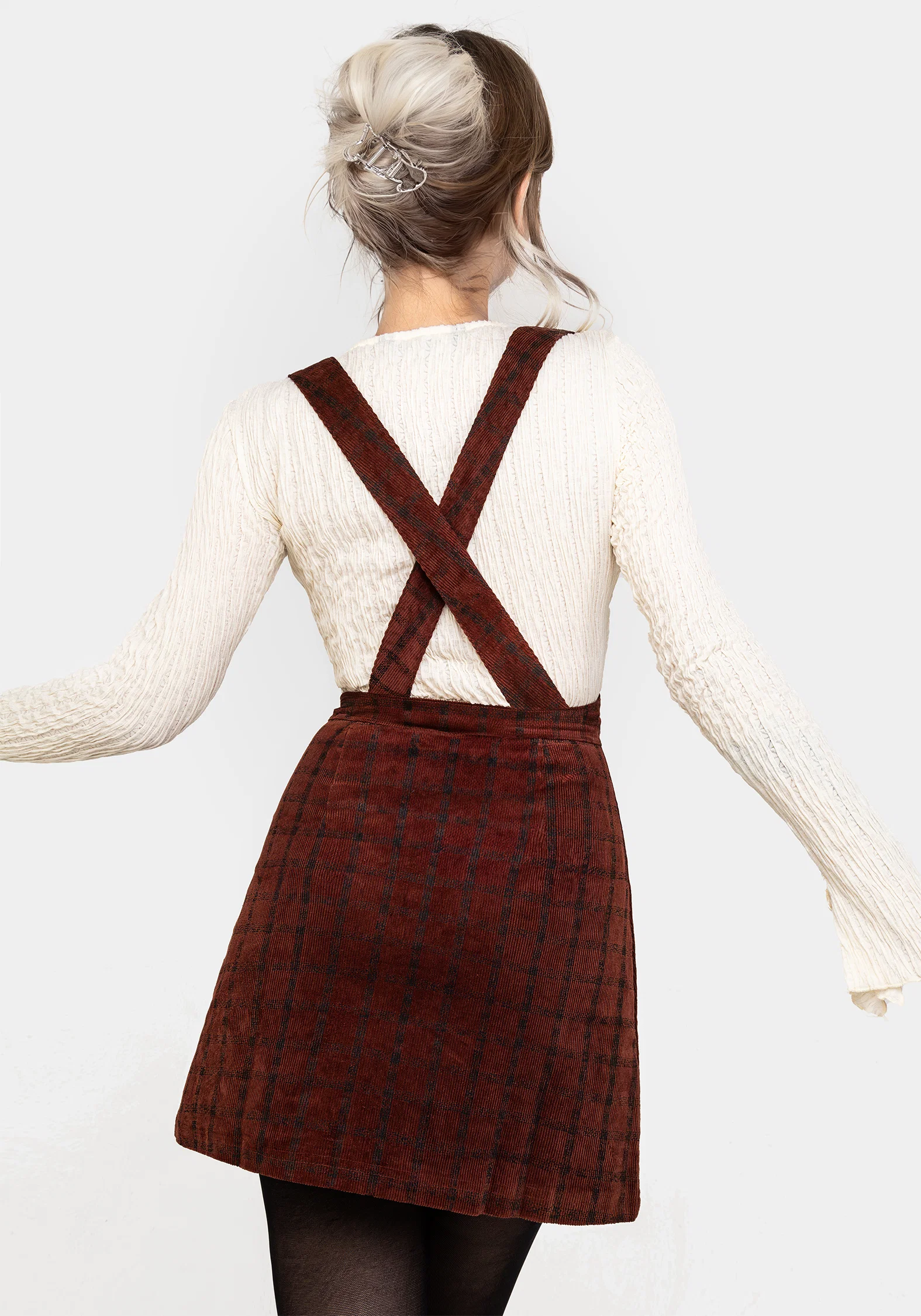 Terracotta Check Cord Mini Pinafore Skirt - Image 3