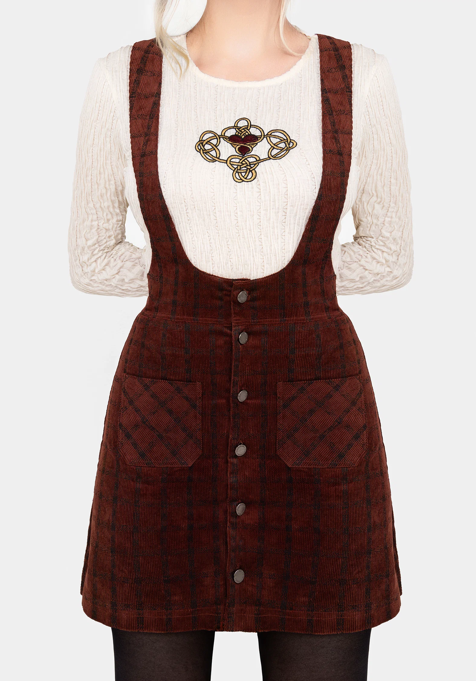 Terracotta Check Cord Mini Pinafore Skirt - Image 6