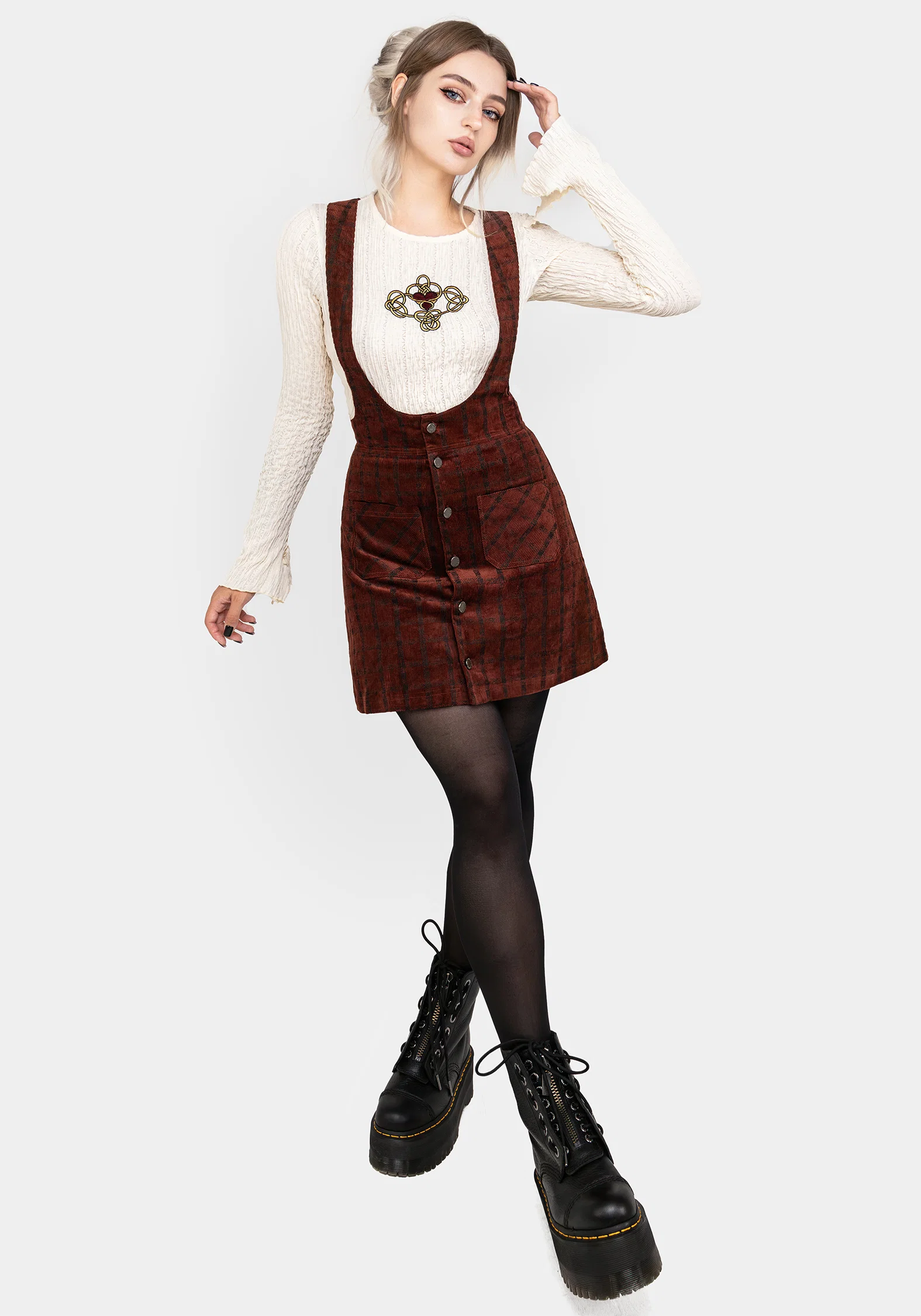 Terracotta Check Cord Mini Pinafore Skirt - Image 7