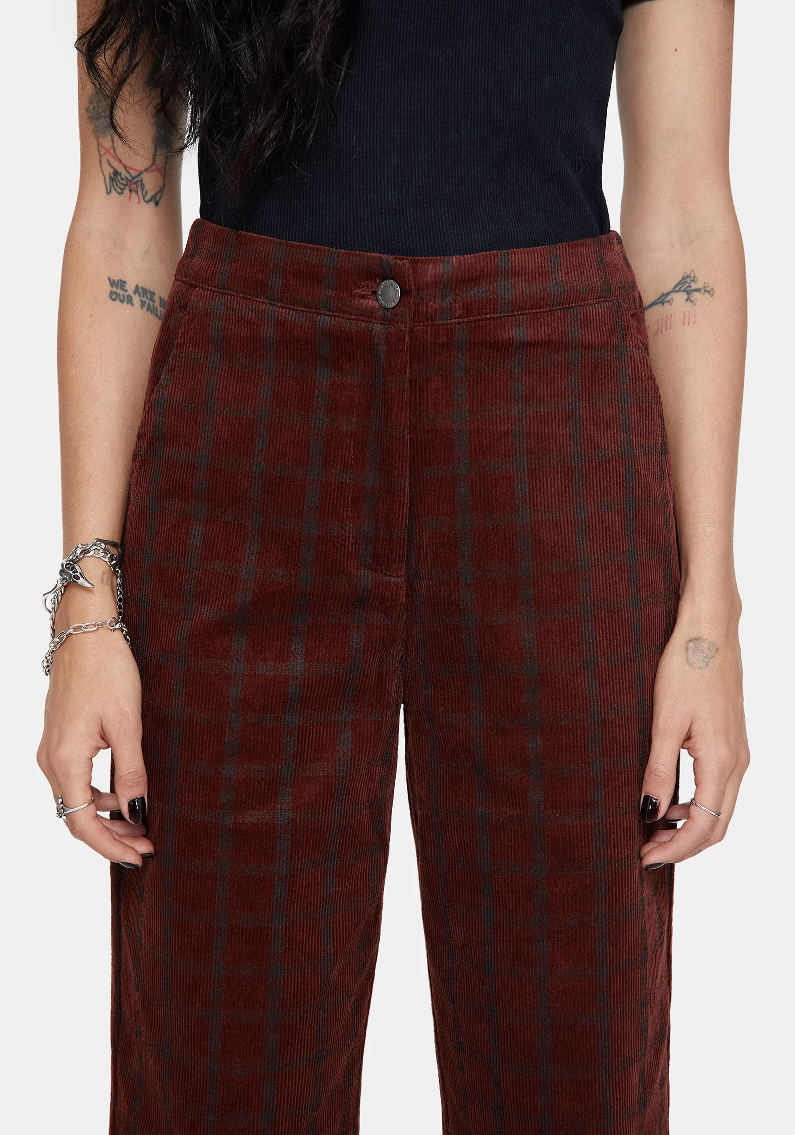 Terracotta Cotton Cord Check Straight Leg Crop Trousers - Image 2