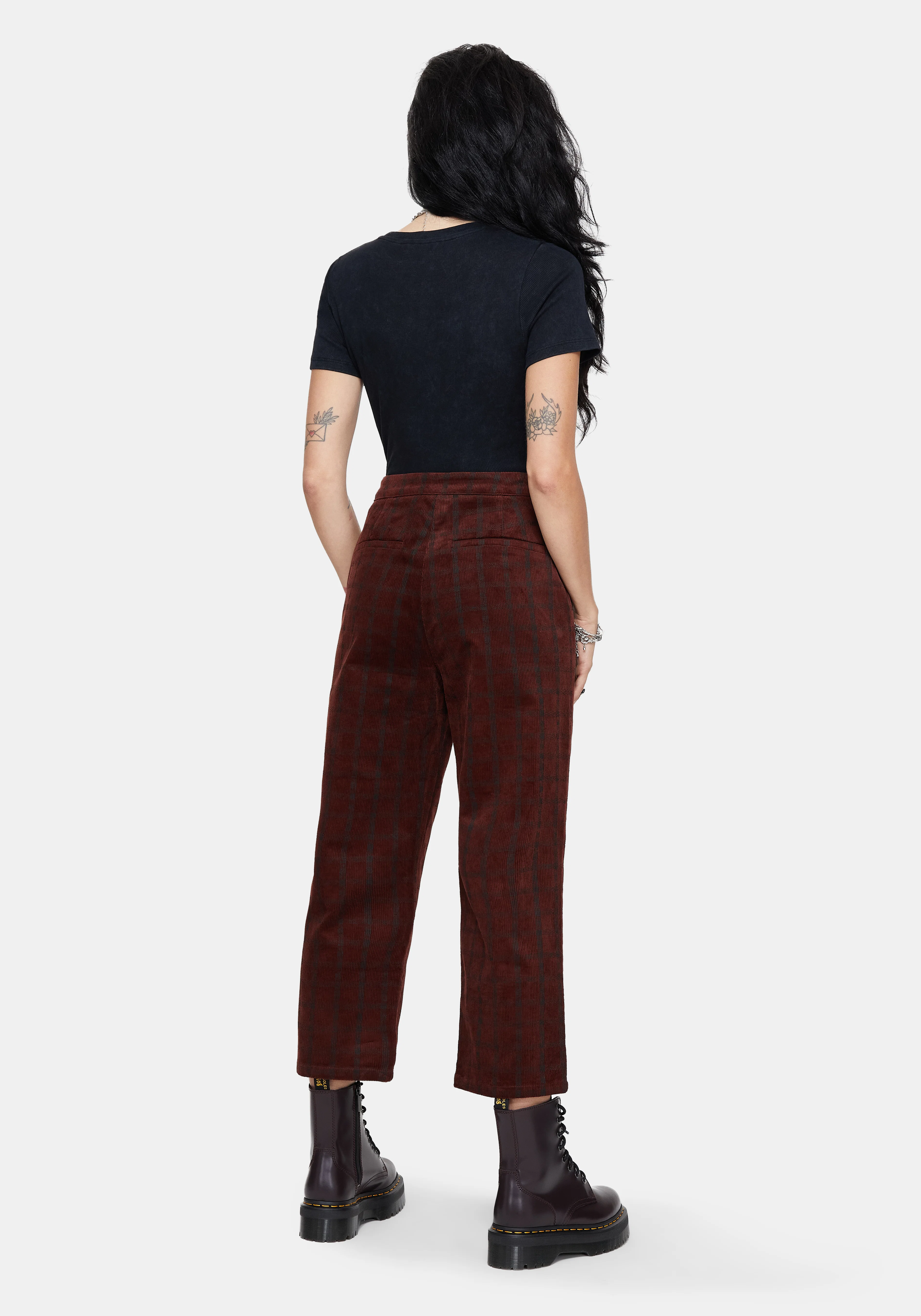 Terracotta Cotton Cord Check Straight Leg Crop Trousers - Image 3