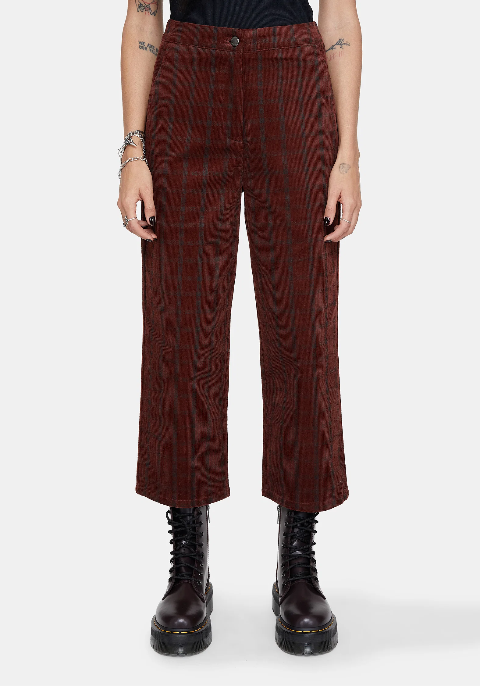Terracotta Cotton Cord Check Straight Leg Crop Trousers - Image 4