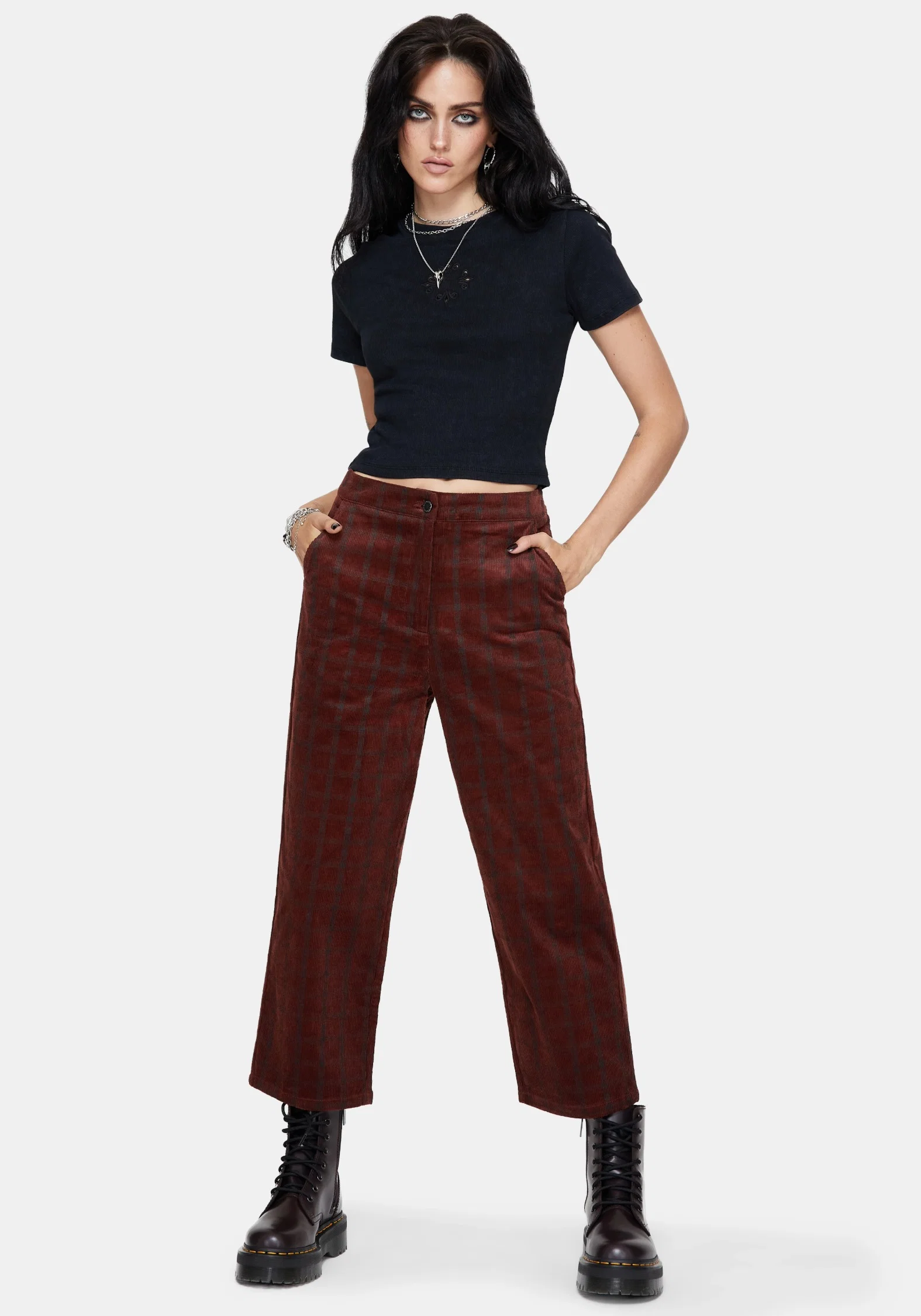 Terracotta Cotton Cord Check Straight Leg Crop Trousers - Image 5