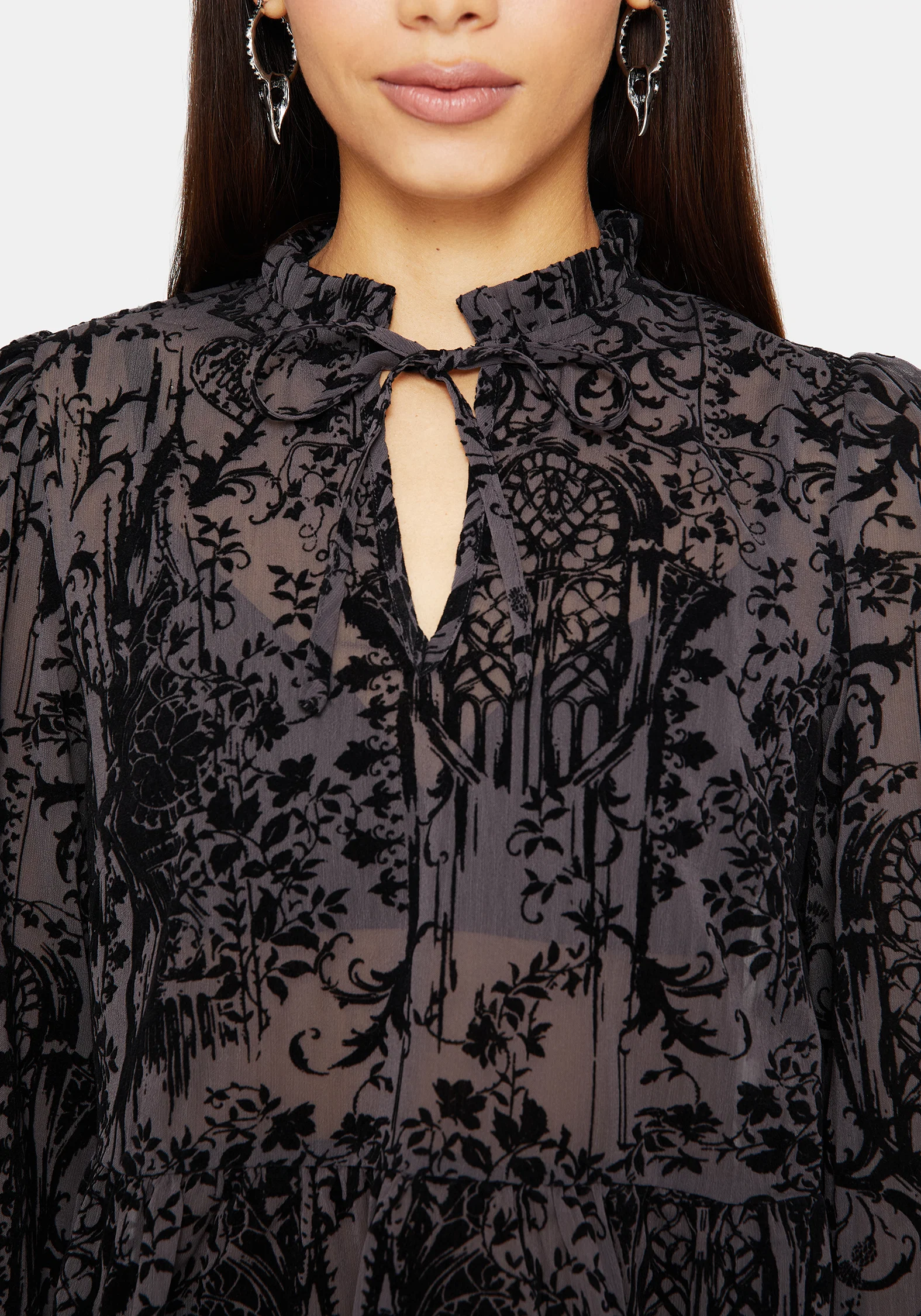 Thorned Flocked Castle Print Chiffon Frill Blouse - Image 2